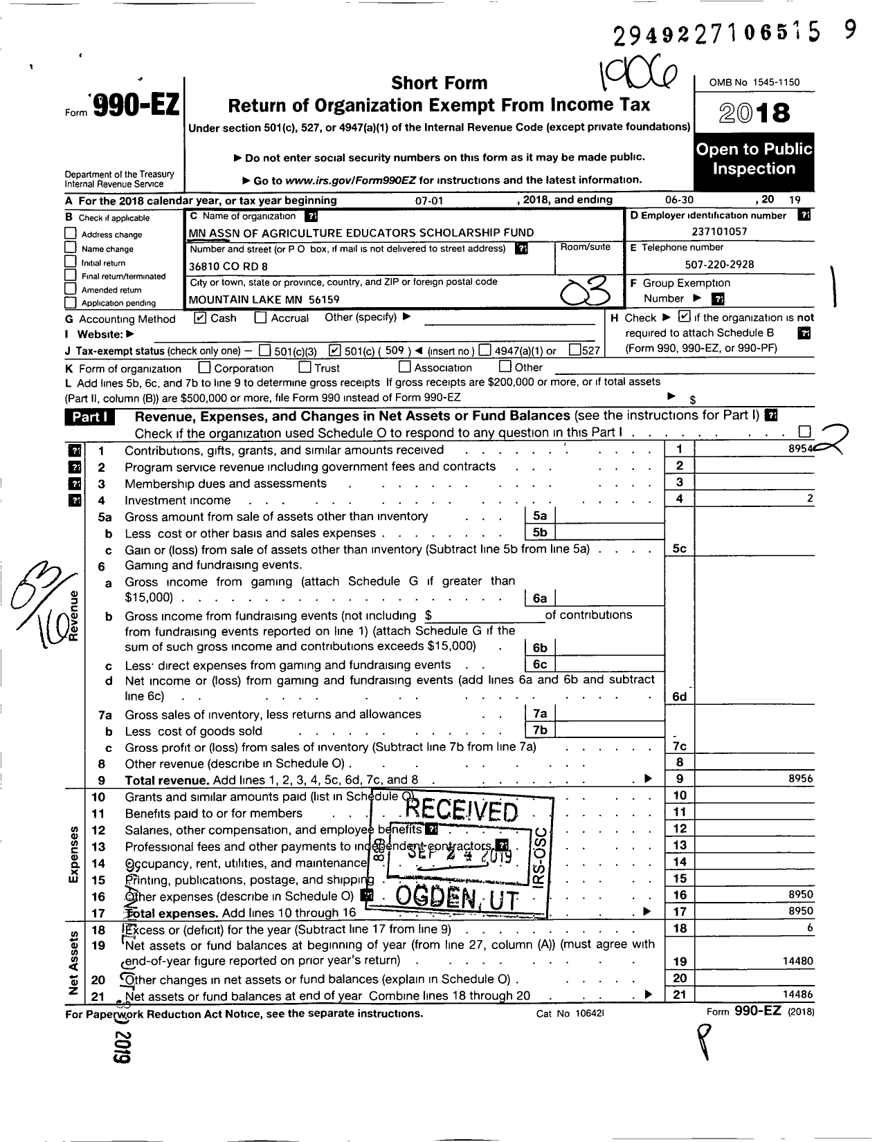 Image of first page of 2018 Form 990EZ for Minnesota Association of Agricultural Educators