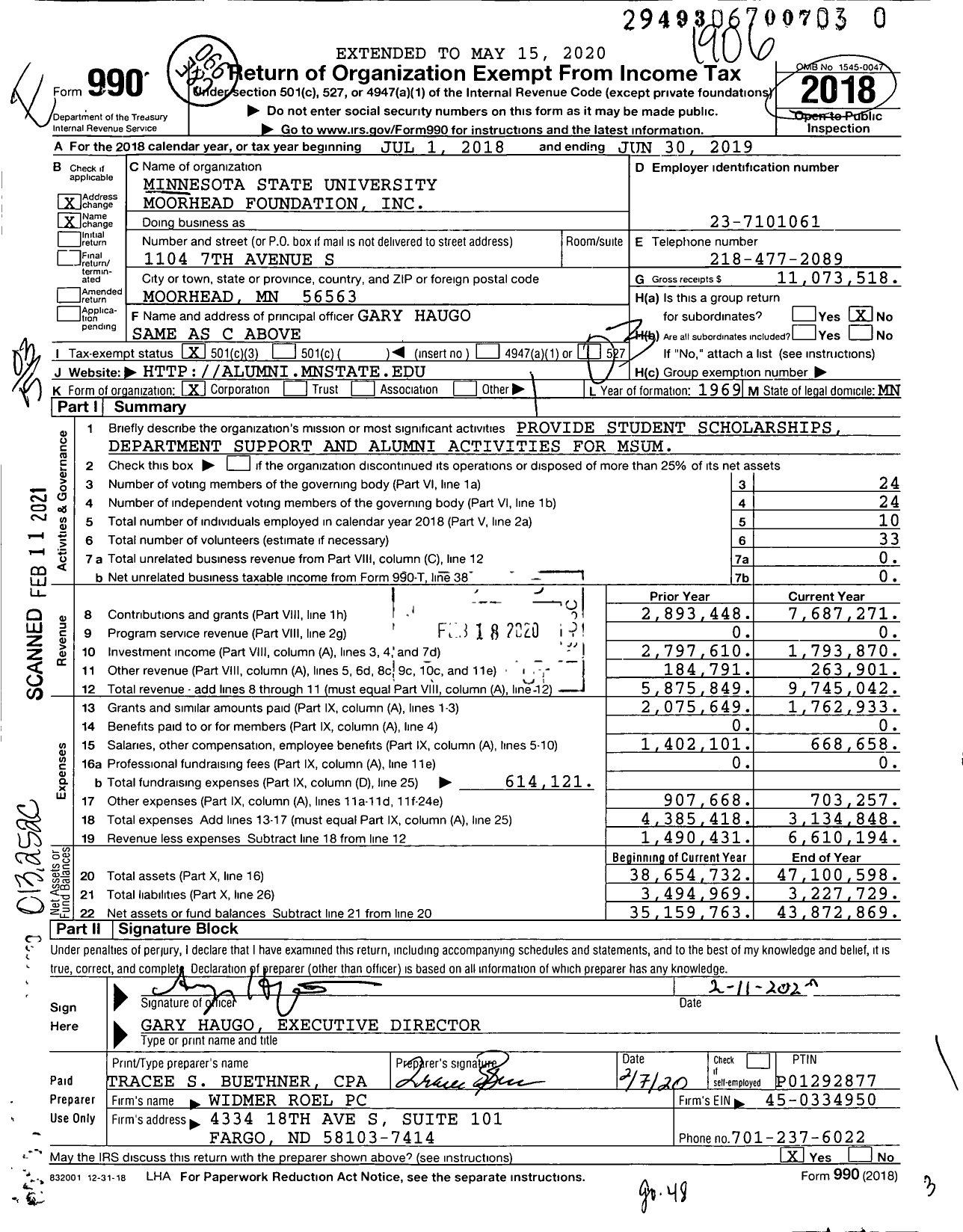 Image of first page of 2018 Form 990 for Minnesota State University Moorhead Foundation (MSUMAF)