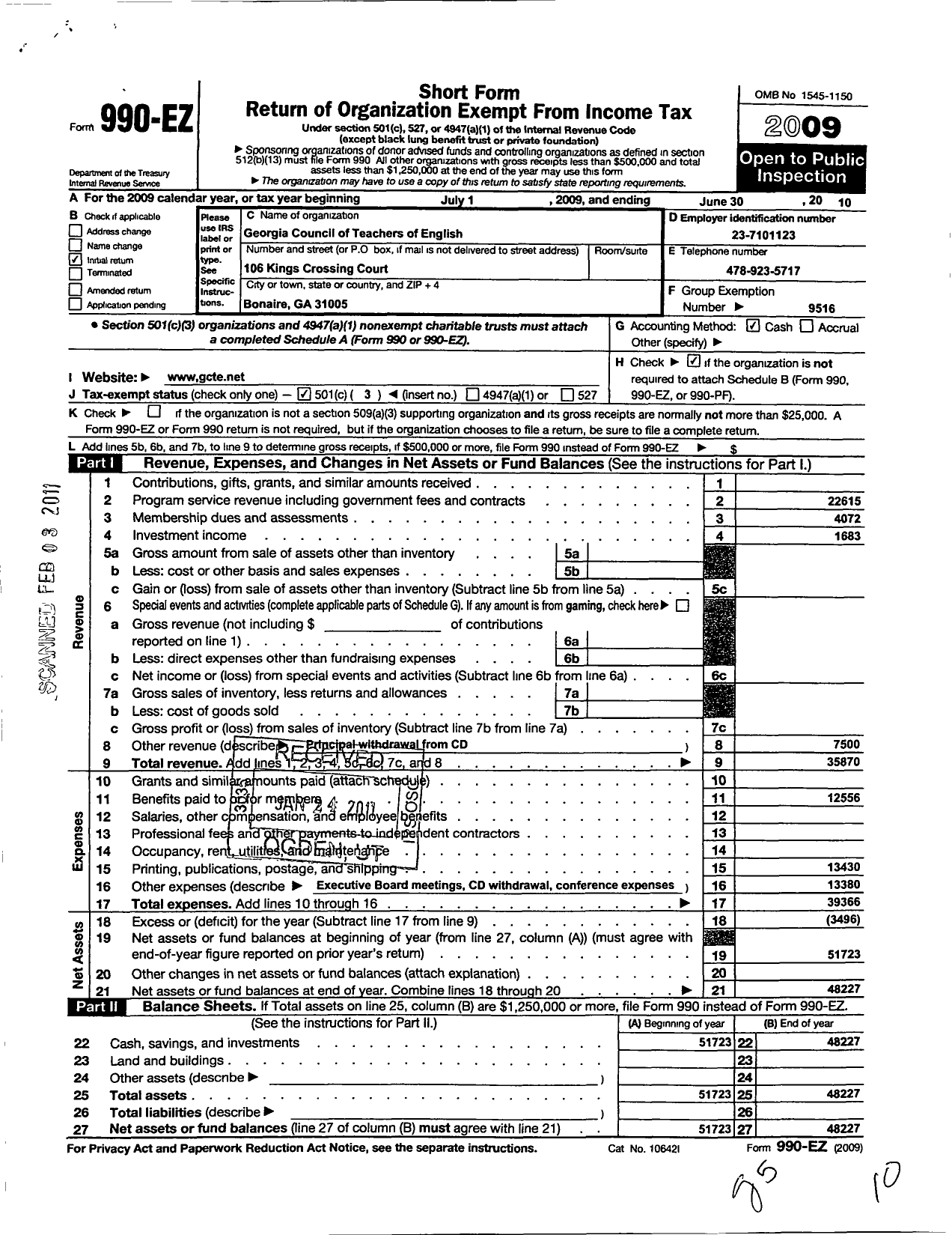 Image of first page of 2009 Form 990EZ for National Council of Teachers of English / Georgia Council of Teachers of Engl