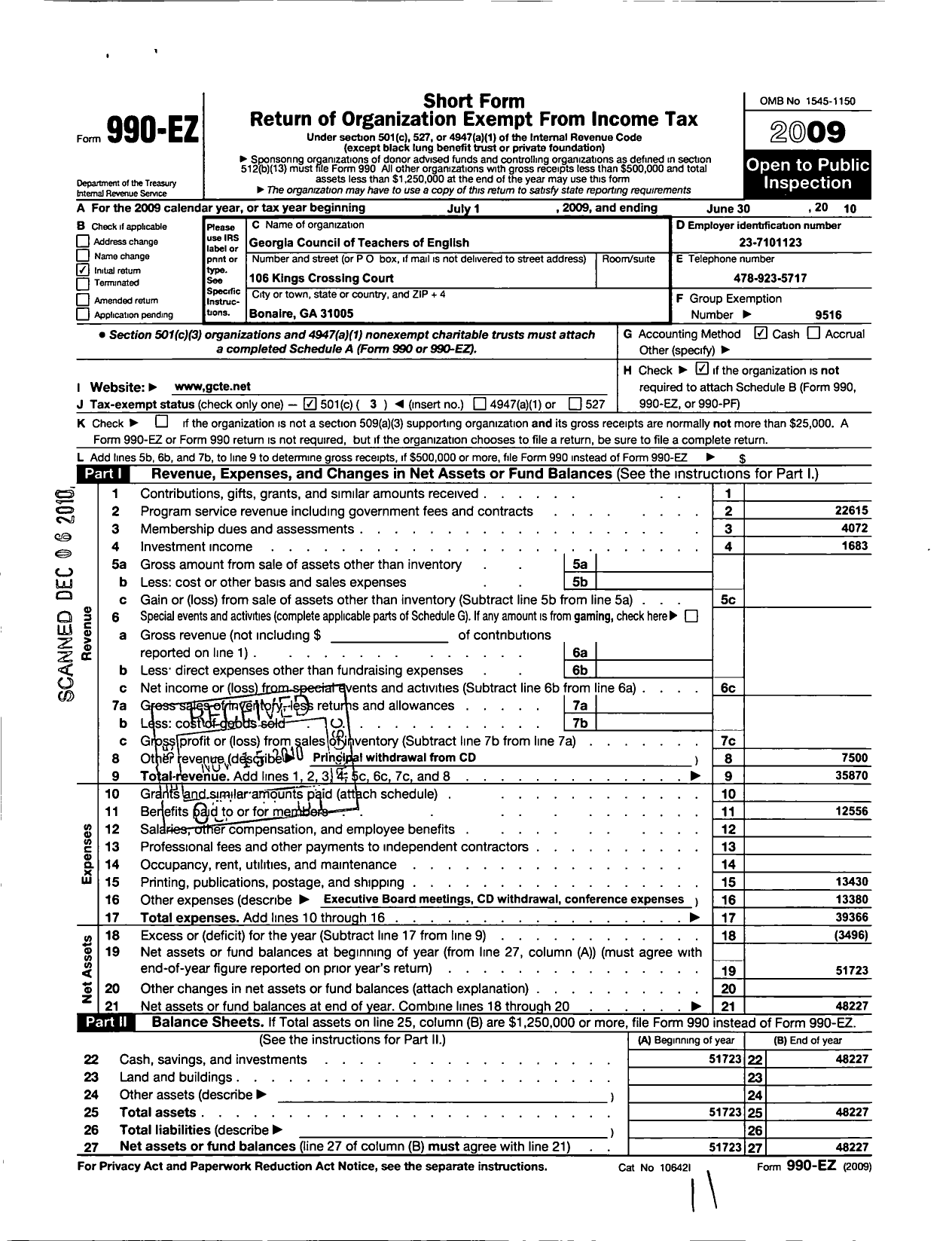 Image of first page of 2009 Form 990EZ for National Council of Teachers of English / Georgia Council of Teachers of Engl