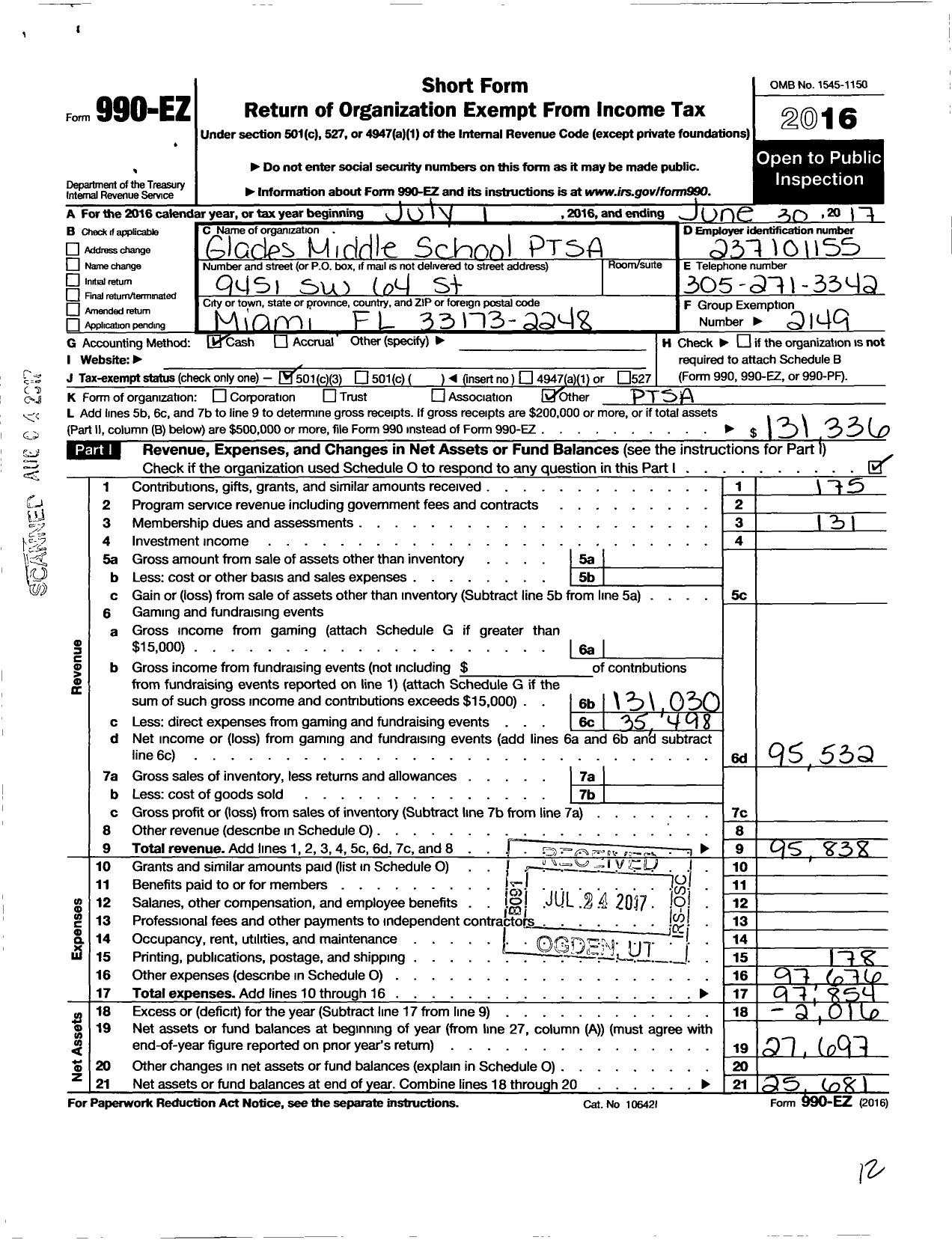 Image of first page of 2016 Form 990EZ for PTA Florida Congress - Glades Middle School Ptsa