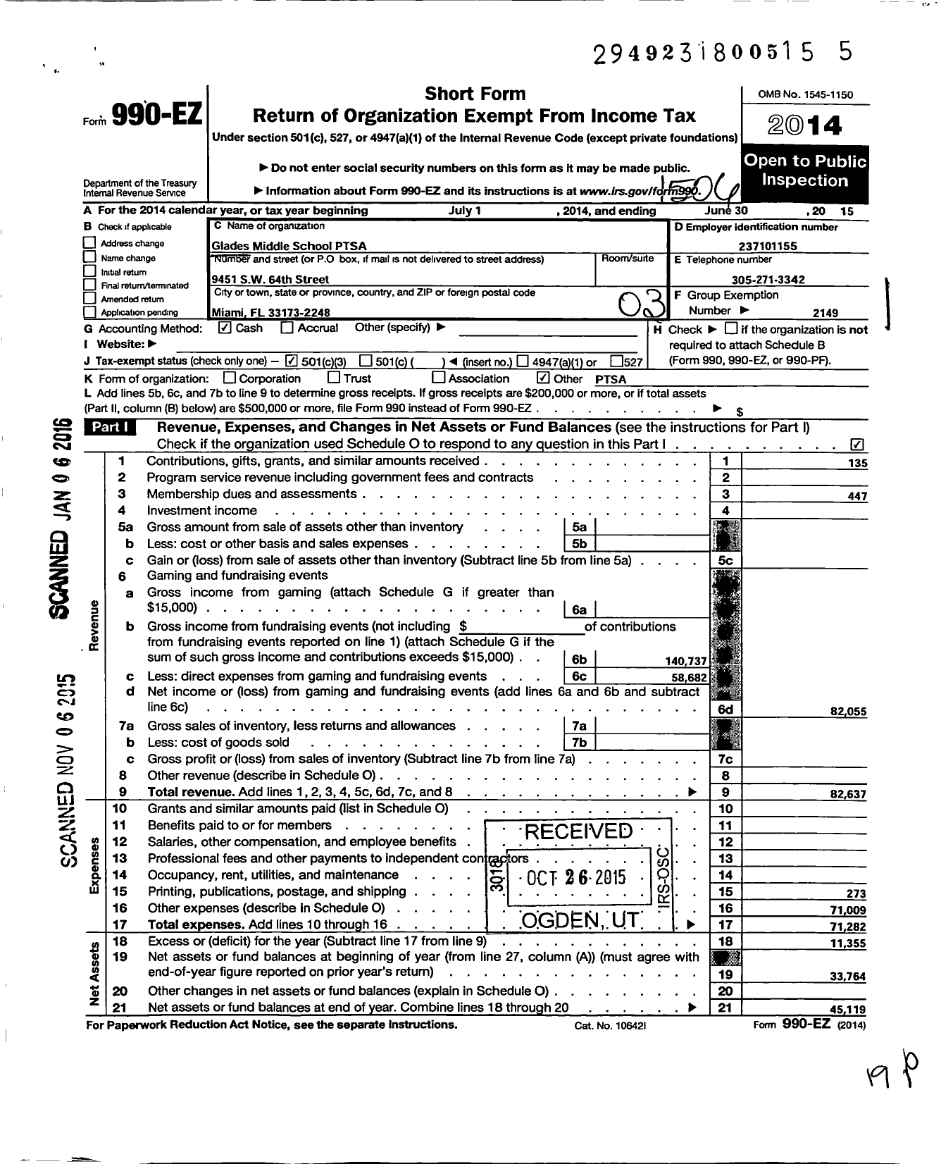 Image of first page of 2014 Form 990EZ for PTA Florida Congress - Glades Middle School Ptsa