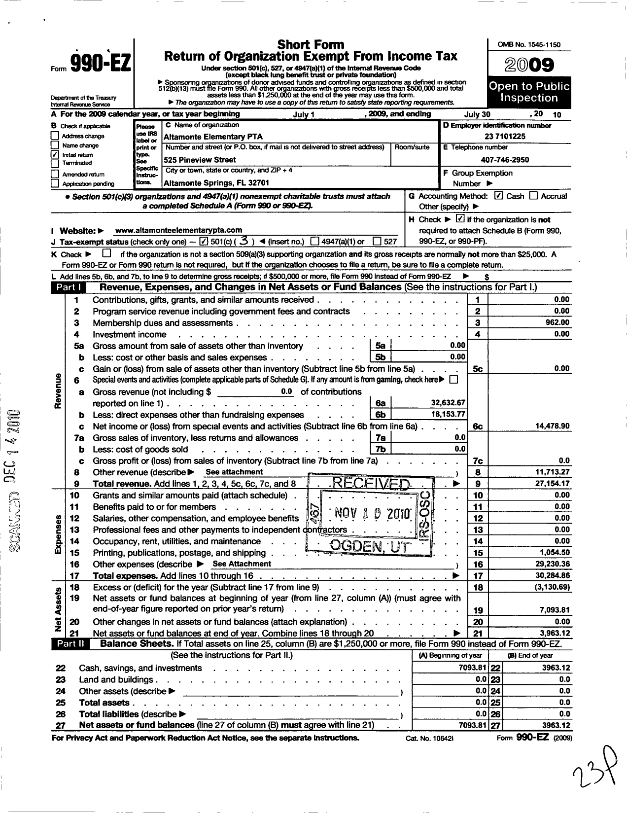 Image of first page of 2009 Form 990EZ for PTA Florida Congress - Altamonte Springs Elementary PTA