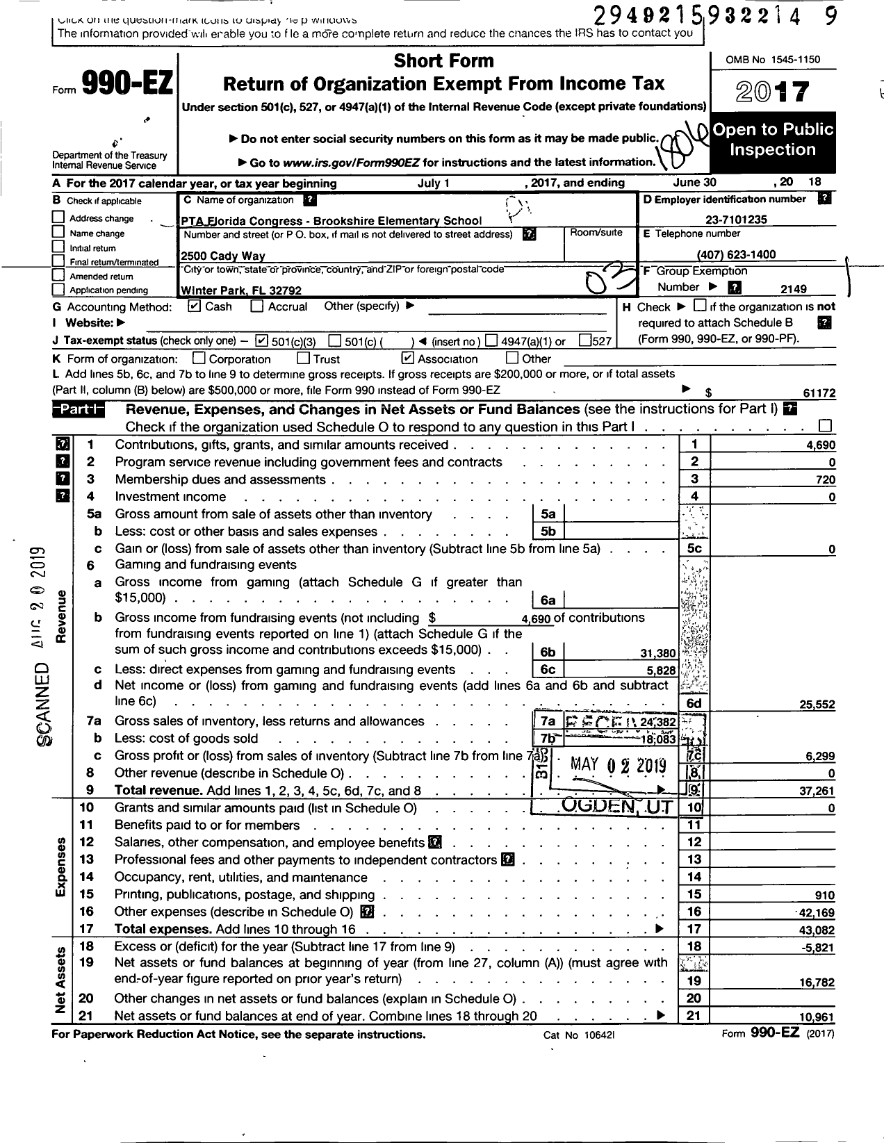 Image of first page of 2017 Form 990EZ for PTA Florida Congress - Brookshire PTA