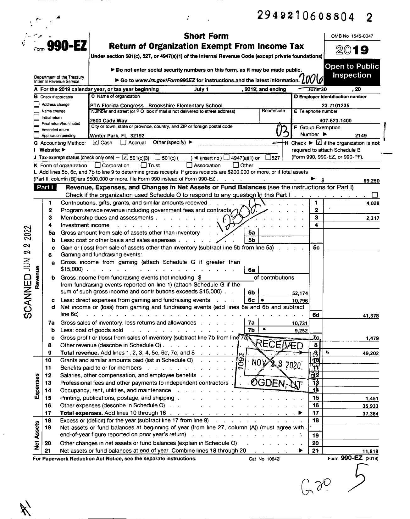 Image of first page of 2019 Form 990EZ for PTA Florida Congress - Brookshire PTA