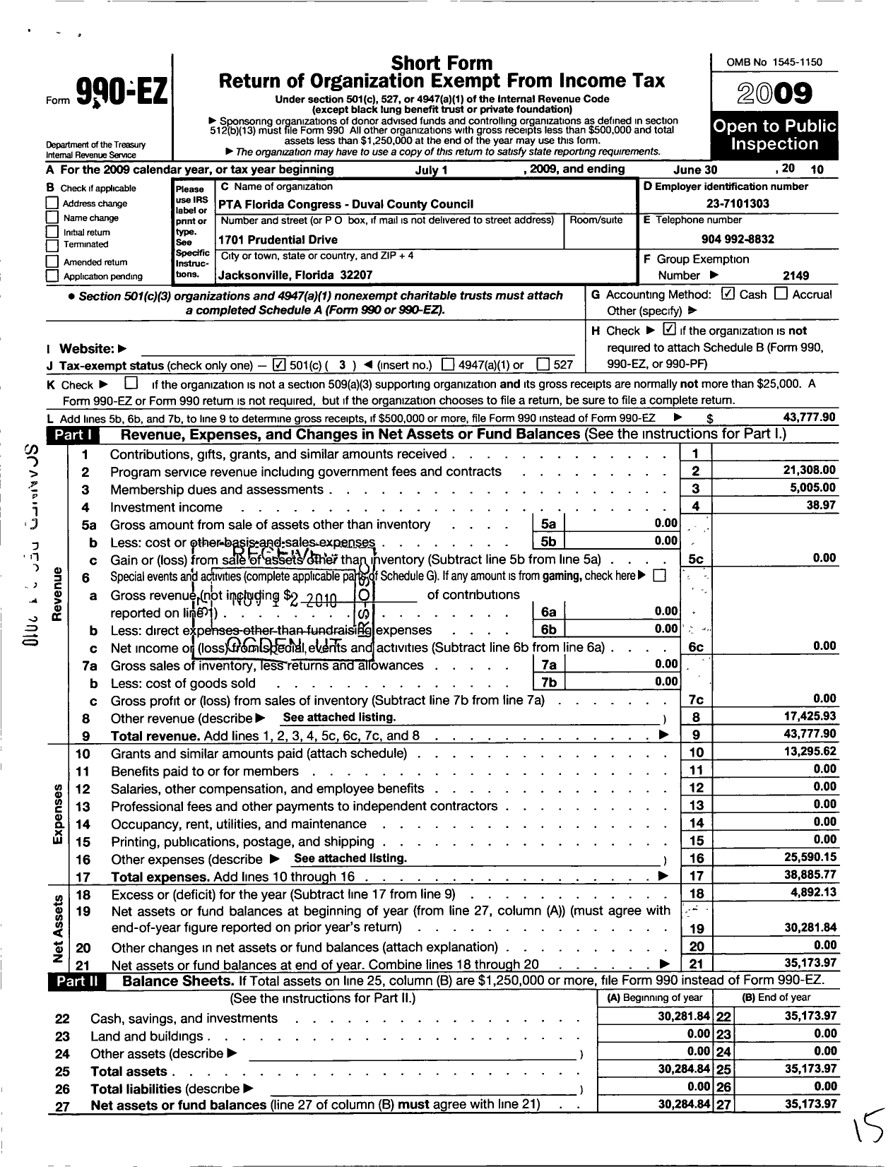 Image of first page of 2009 Form 990EZ for PTA Florida Congress - Duval County Council of Ptas