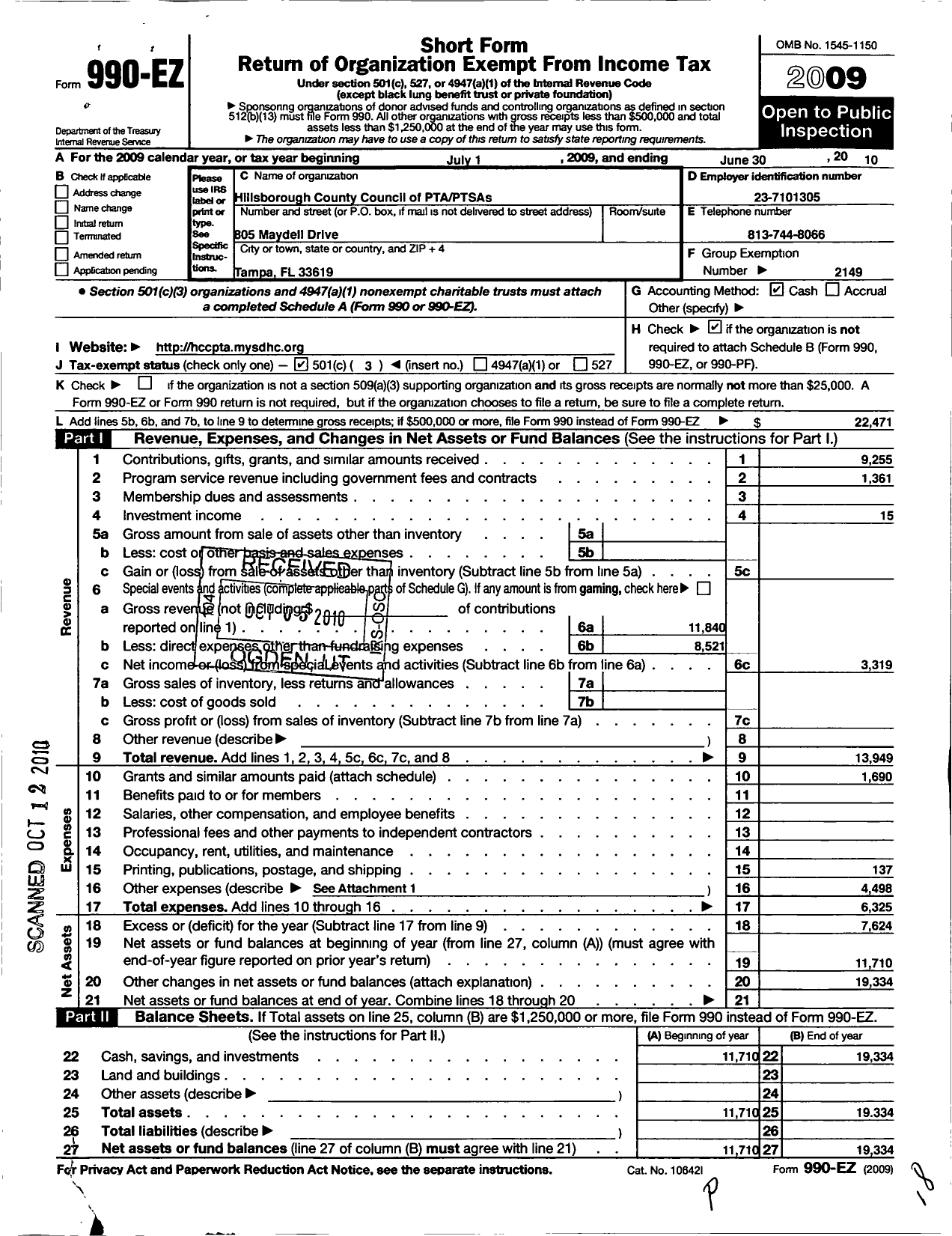 Image of first page of 2009 Form 990EZ for PTA Florida Congress - Hillsborough County Council PTA