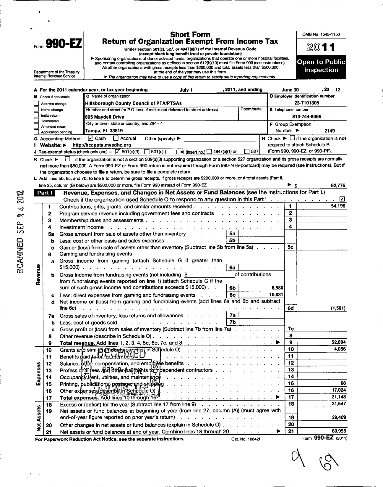 Image of first page of 2011 Form 990EZ for PTA Florida Congress - Hillsborough County Council PTA