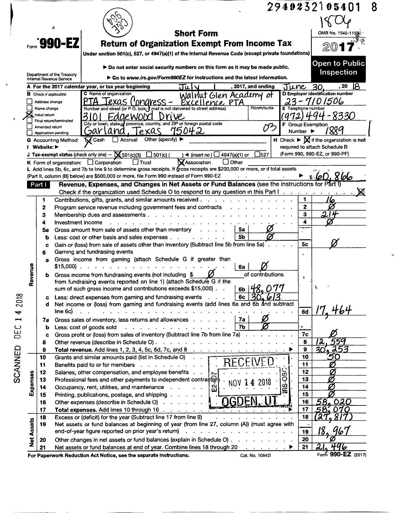 Image of first page of 2017 Form 990EZ for Texas PTA - Walnut Glen Academy for Excel