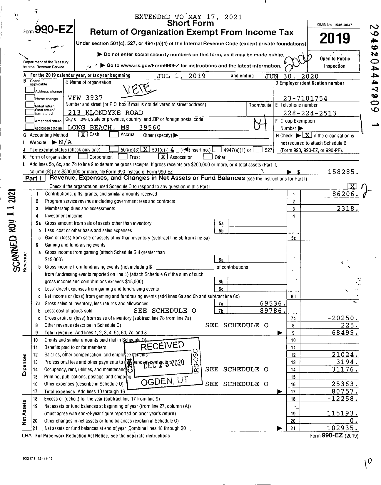 Image of first page of 2019 Form 990EO for Veterans of Foreign Wars of the United States Dept of Mississippi - 3937 Eddie Blake VFW Post