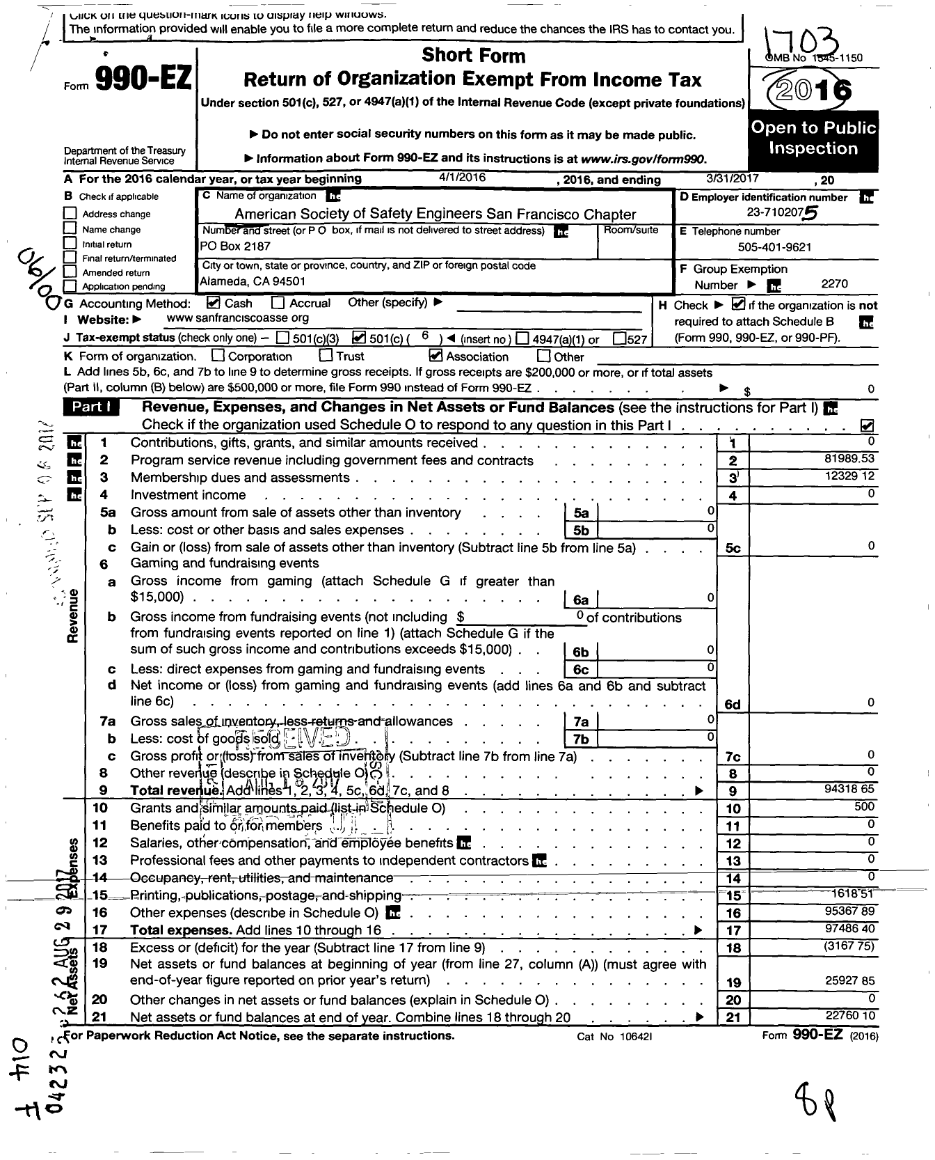 Image of first page of 2016 Form 990EO for San Francisco Chapter of the American Society of Safety Professionals