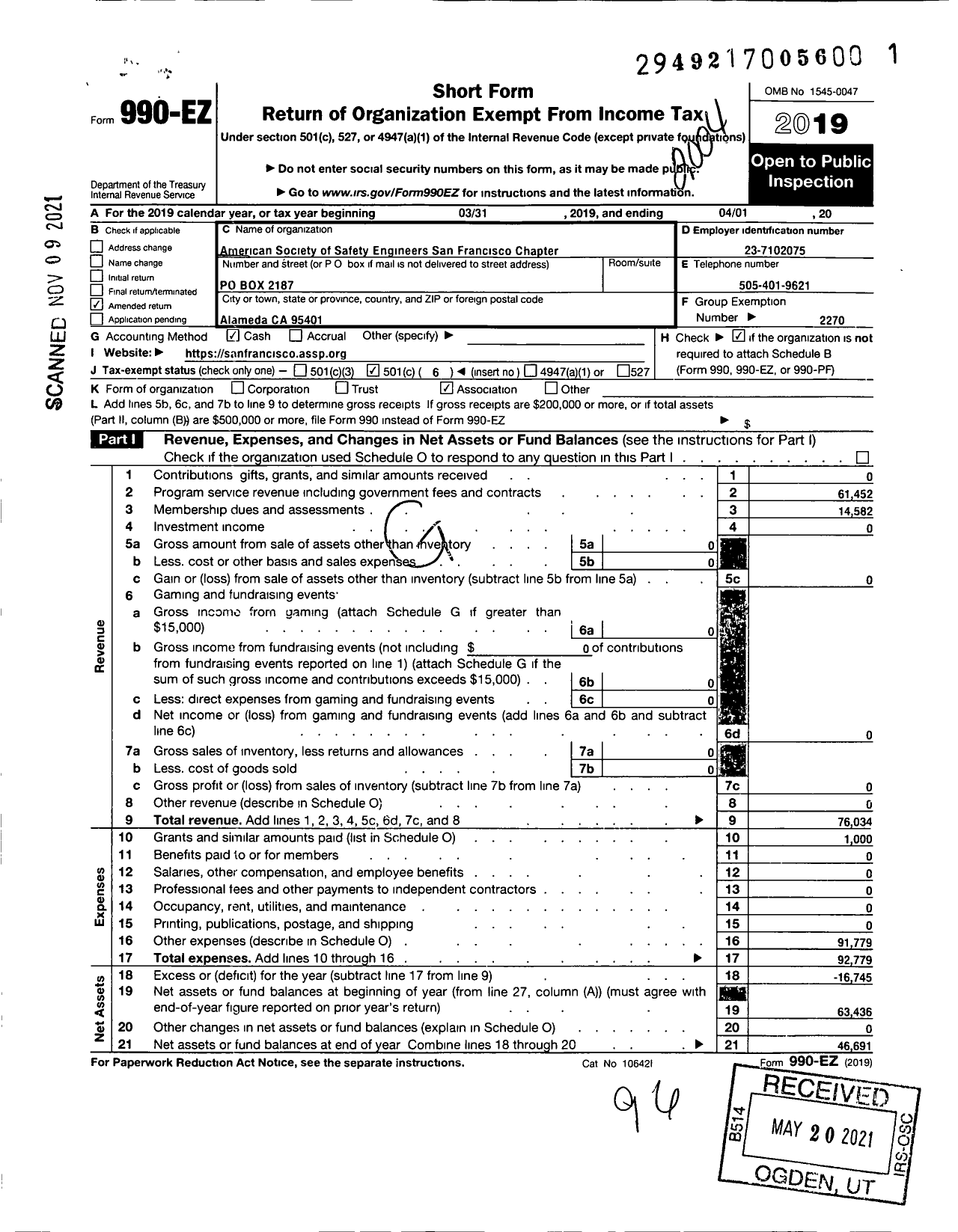 Image of first page of 2019 Form 990EO for San Francisco Chapter of the American Society of Safety Professionals