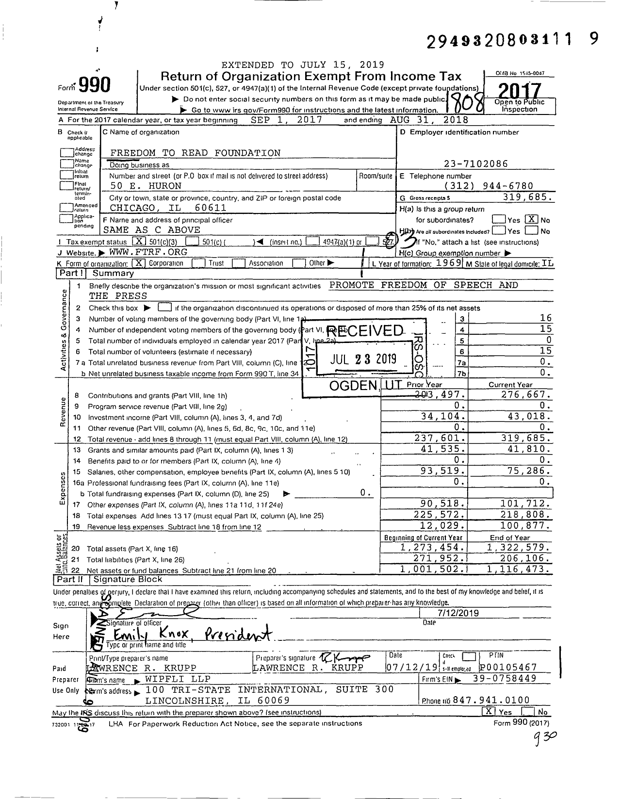 Image of first page of 2017 Form 990 for Freedom to Read Foundation