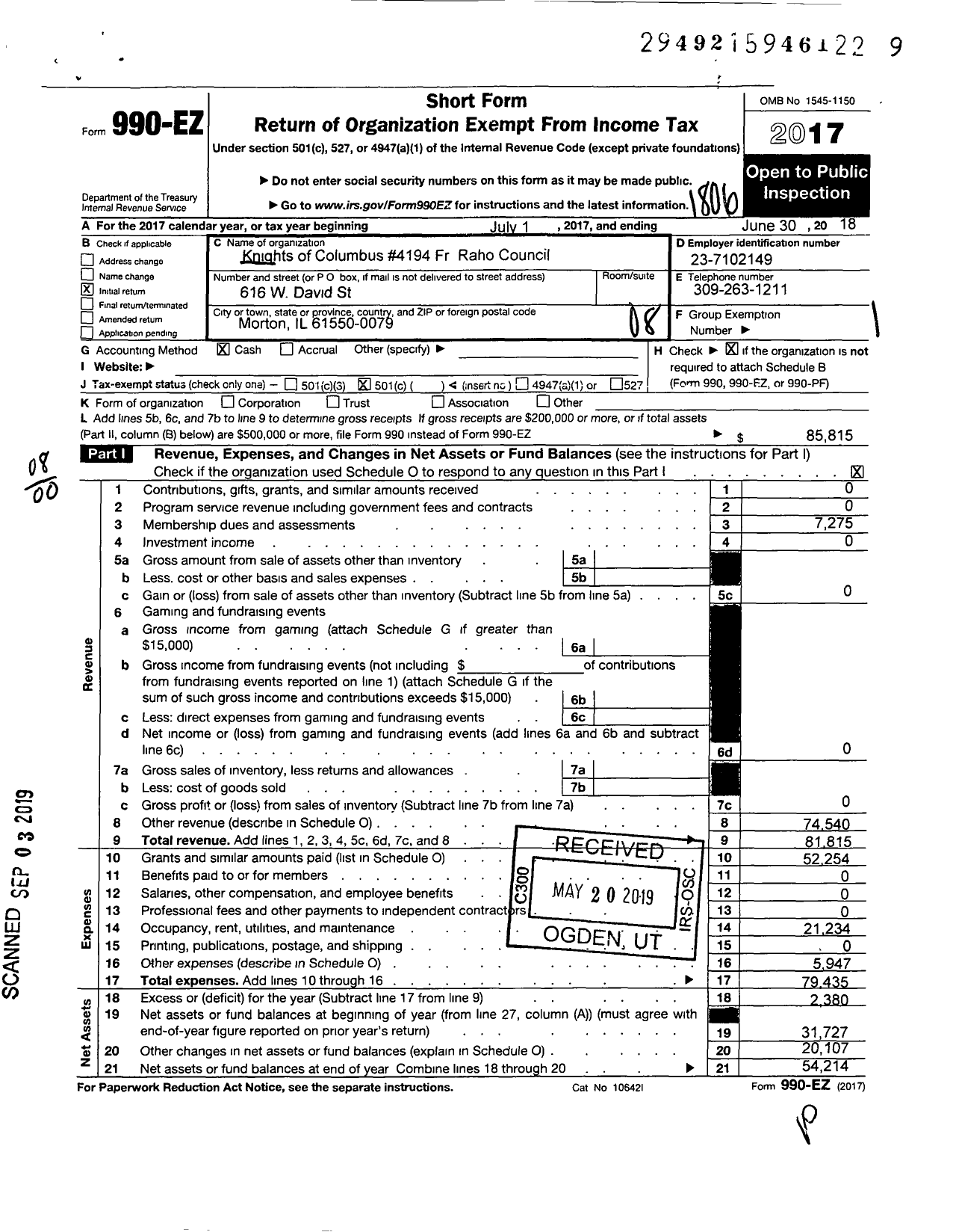 Image of first page of 2017 Form 990EO for Knights of Columbus 4194 FR Raho Council