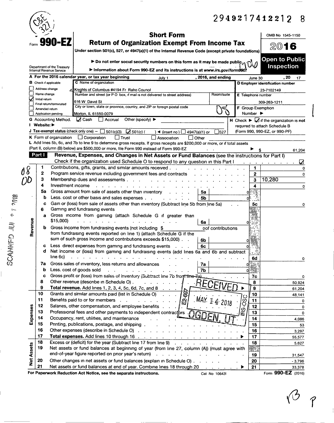 Image of first page of 2016 Form 990EO for Knights of Columbus 4194 FR Raho Council