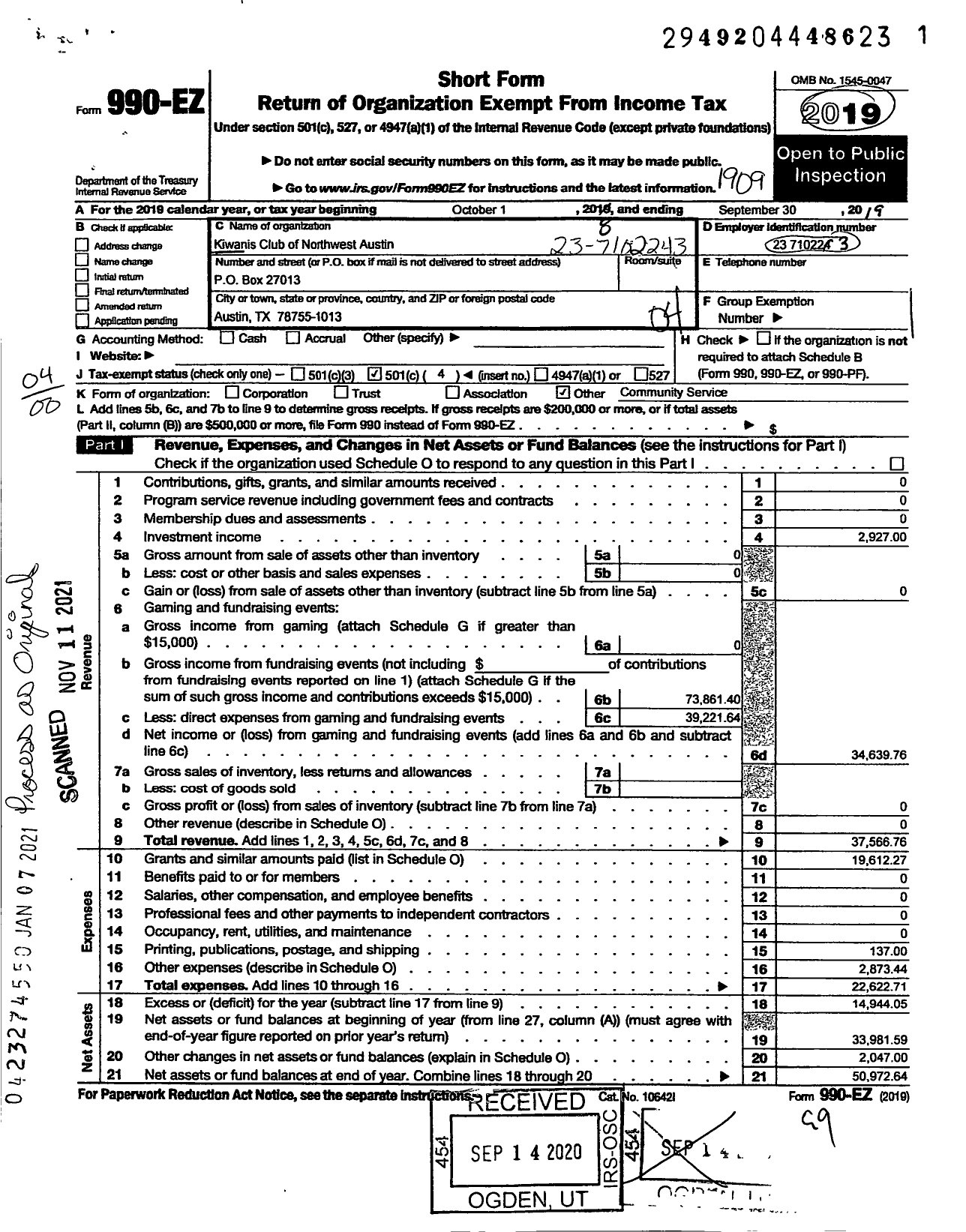 Image of first page of 2018 Form 990EO for Kiwanis International - K06622 Northwest Austin