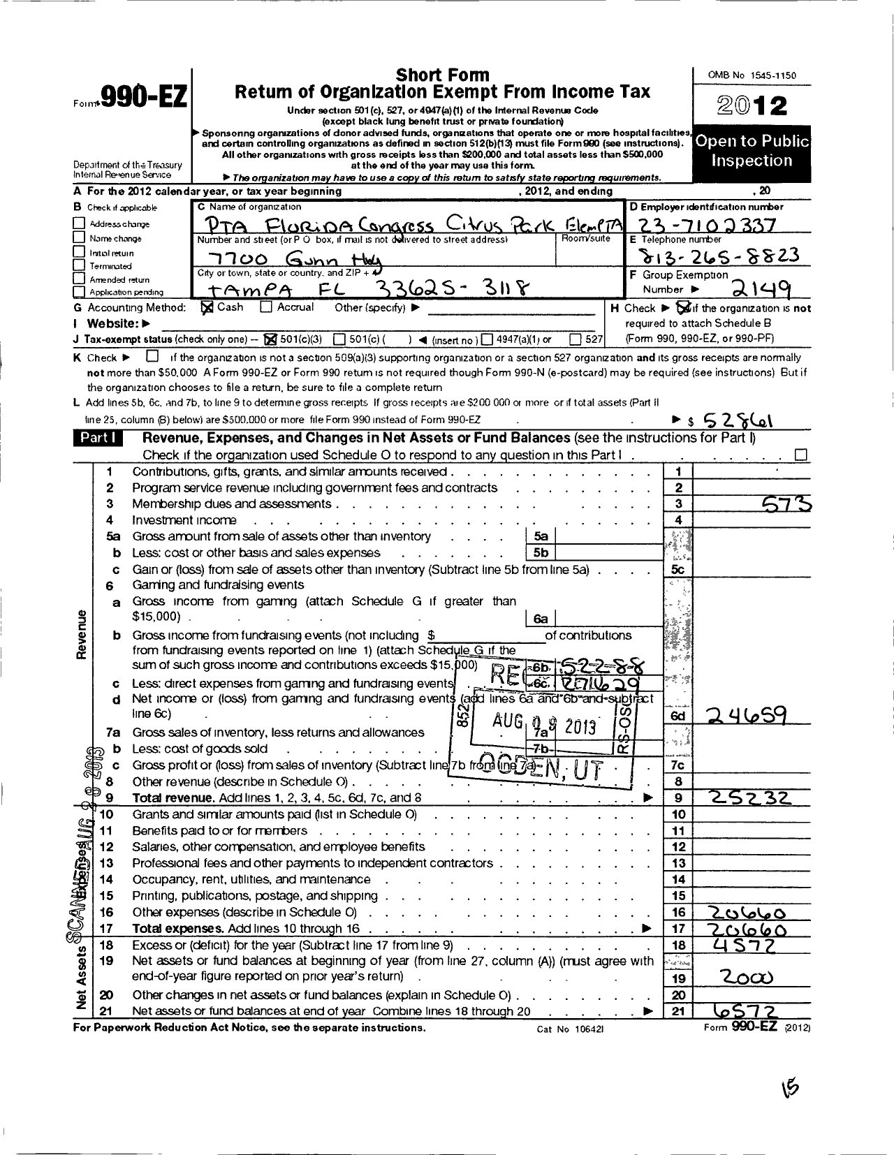 Image of first page of 2012 Form 990EZ for PTA Florida Congress - Citrus Park Elementary School Florida Congress PTA