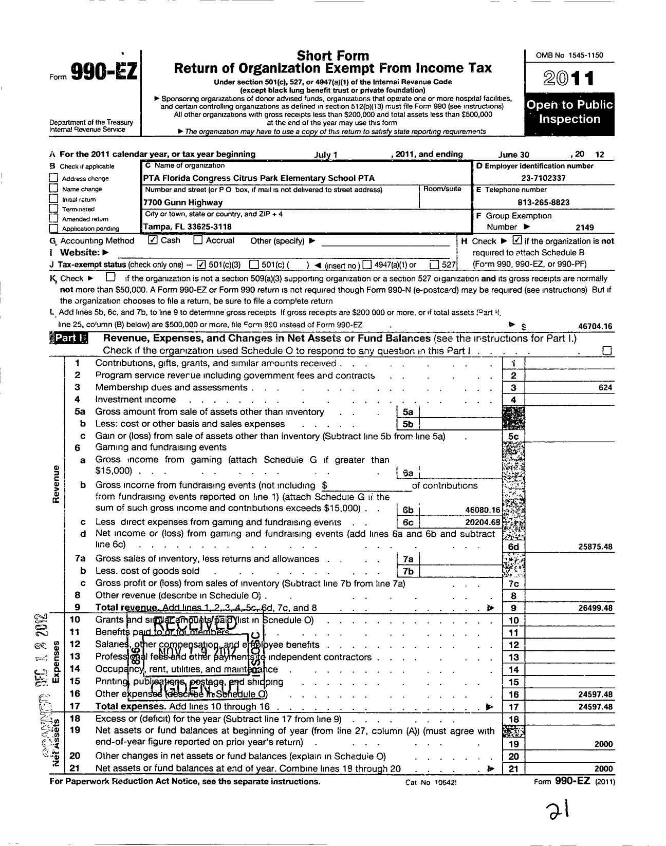 Image of first page of 2011 Form 990EZ for PTA Florida Congress - Citrus Park Elementary School Florida Congress PTA