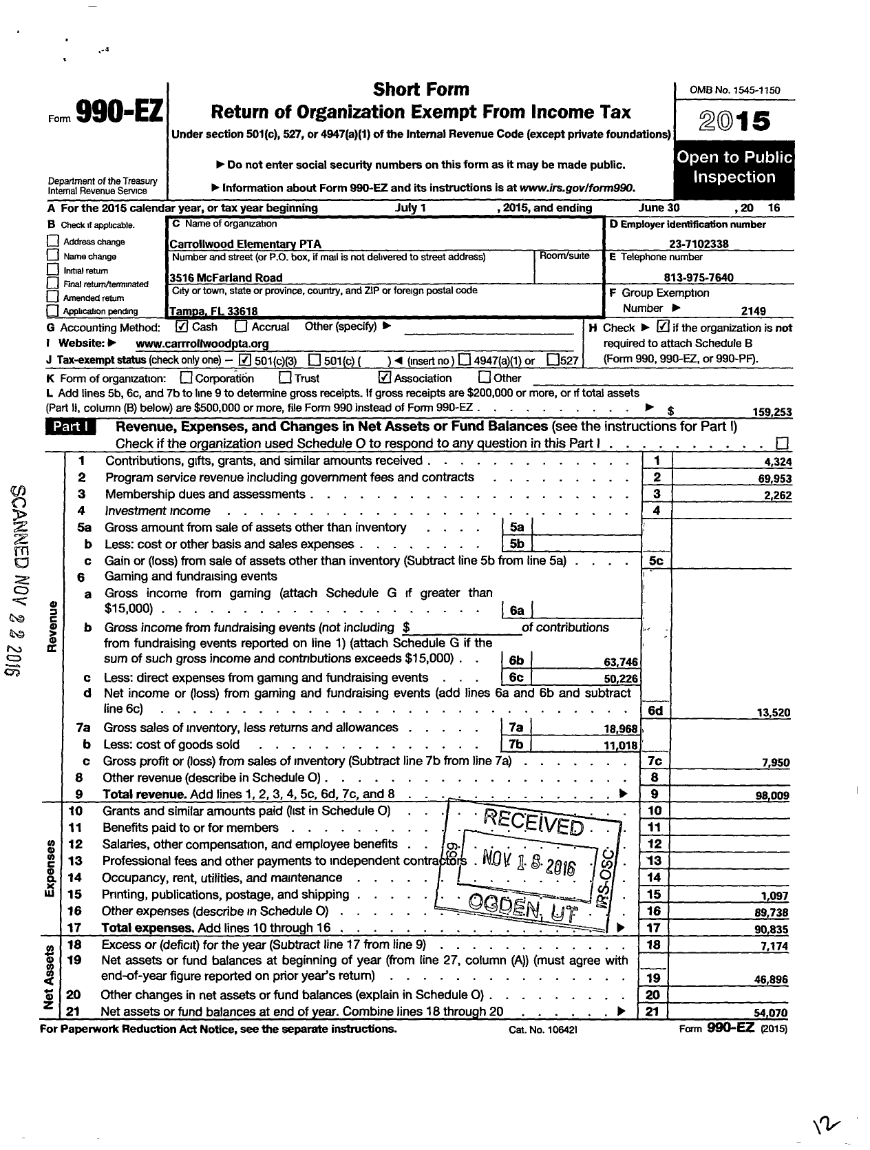 Image of first page of 2015 Form 990EZ for PTA Florida Congress - Chamberlain High School Ptsa