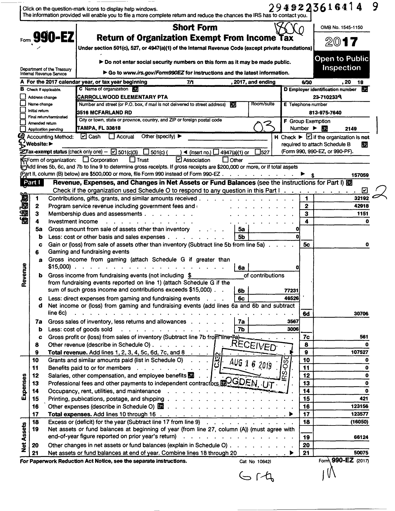 Image of first page of 2017 Form 990EZ for PTA FLORIDA CONGRESS - Carrollwood Elementary PTA