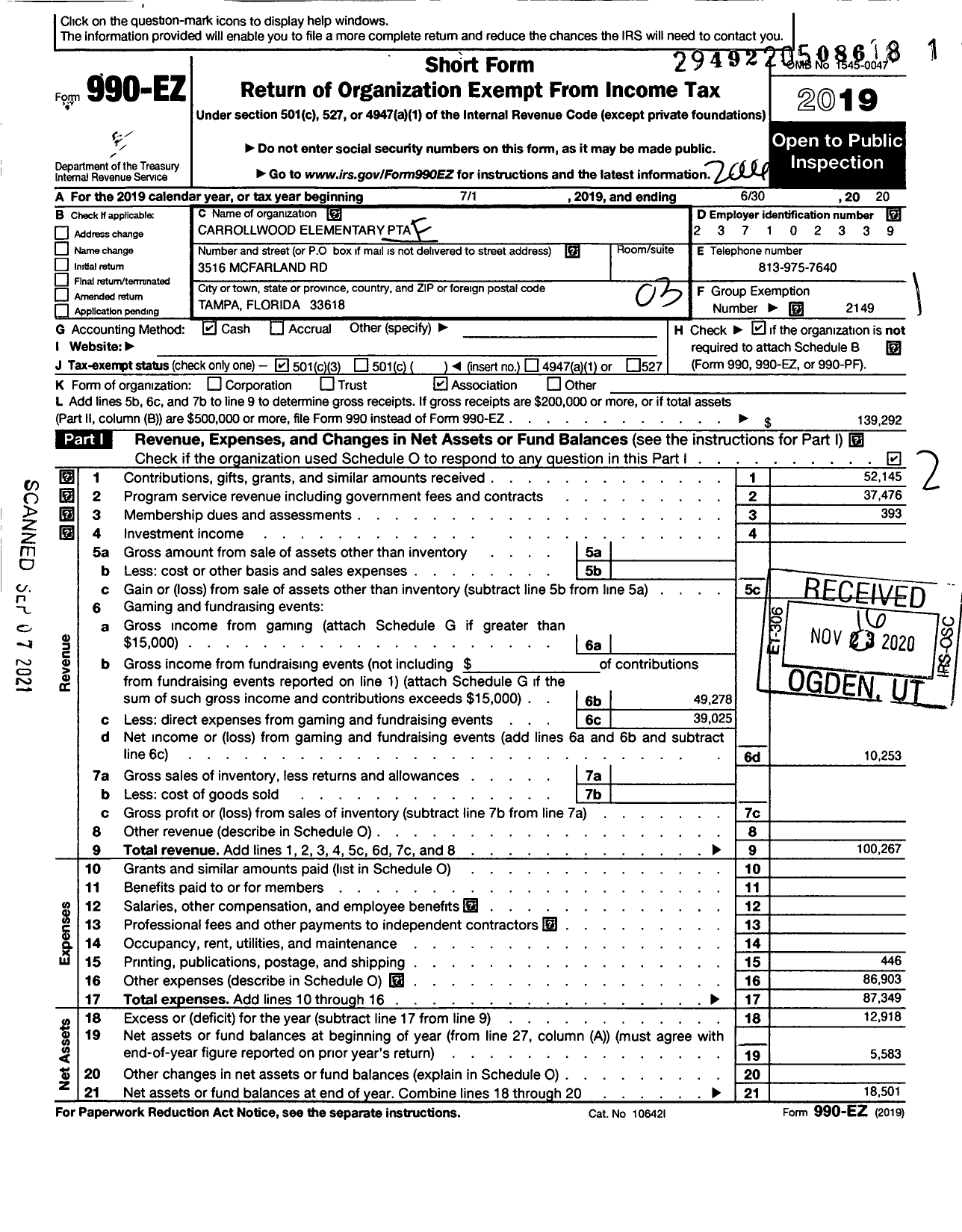 Image of first page of 2019 Form 990EZ for PTA FLORIDA CONGRESS - Carrollwood K8 School PTSA