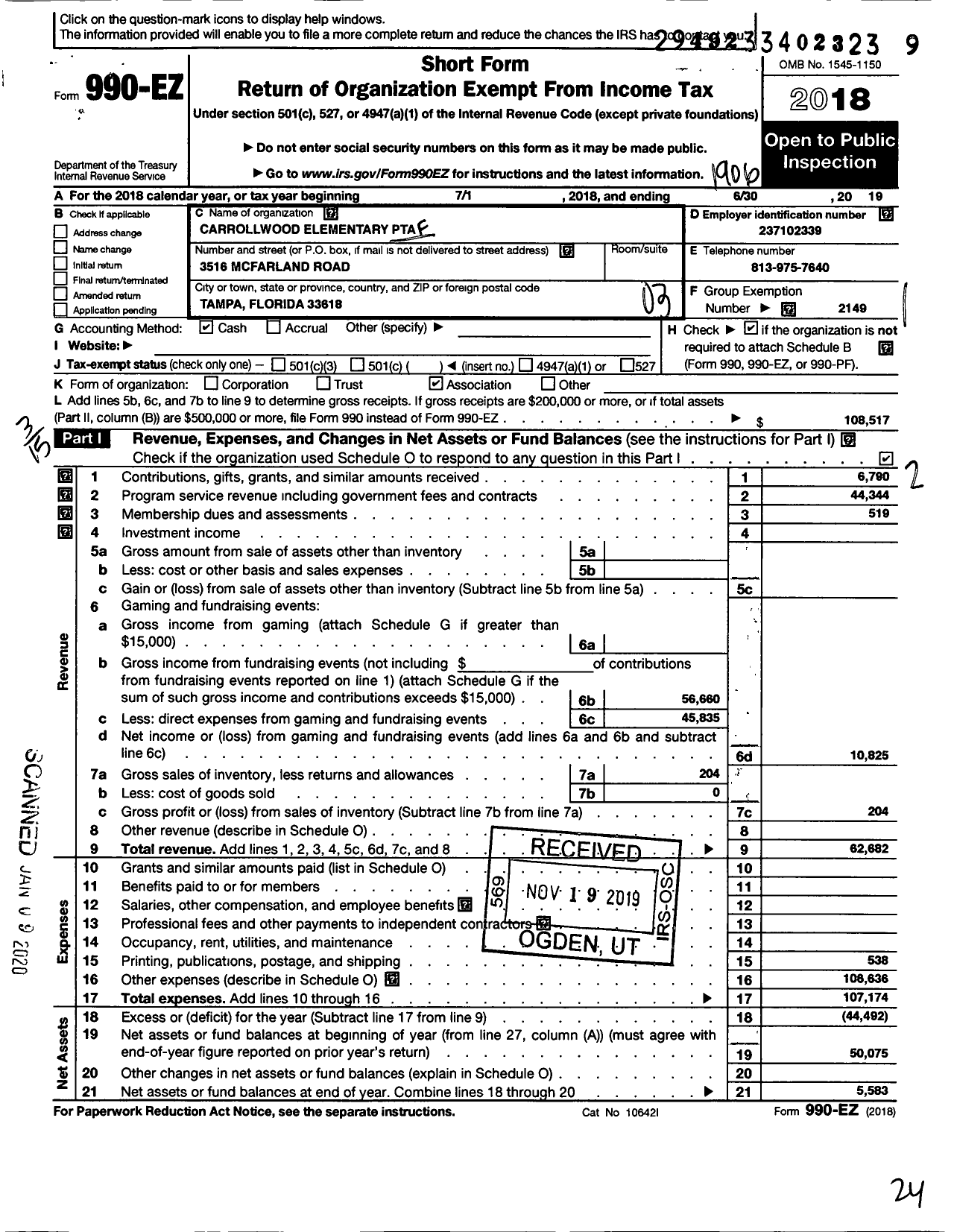 Image of first page of 2018 Form 990EZ for PTA FLORIDA CONGRESS - Carrollwood Elementary PTA