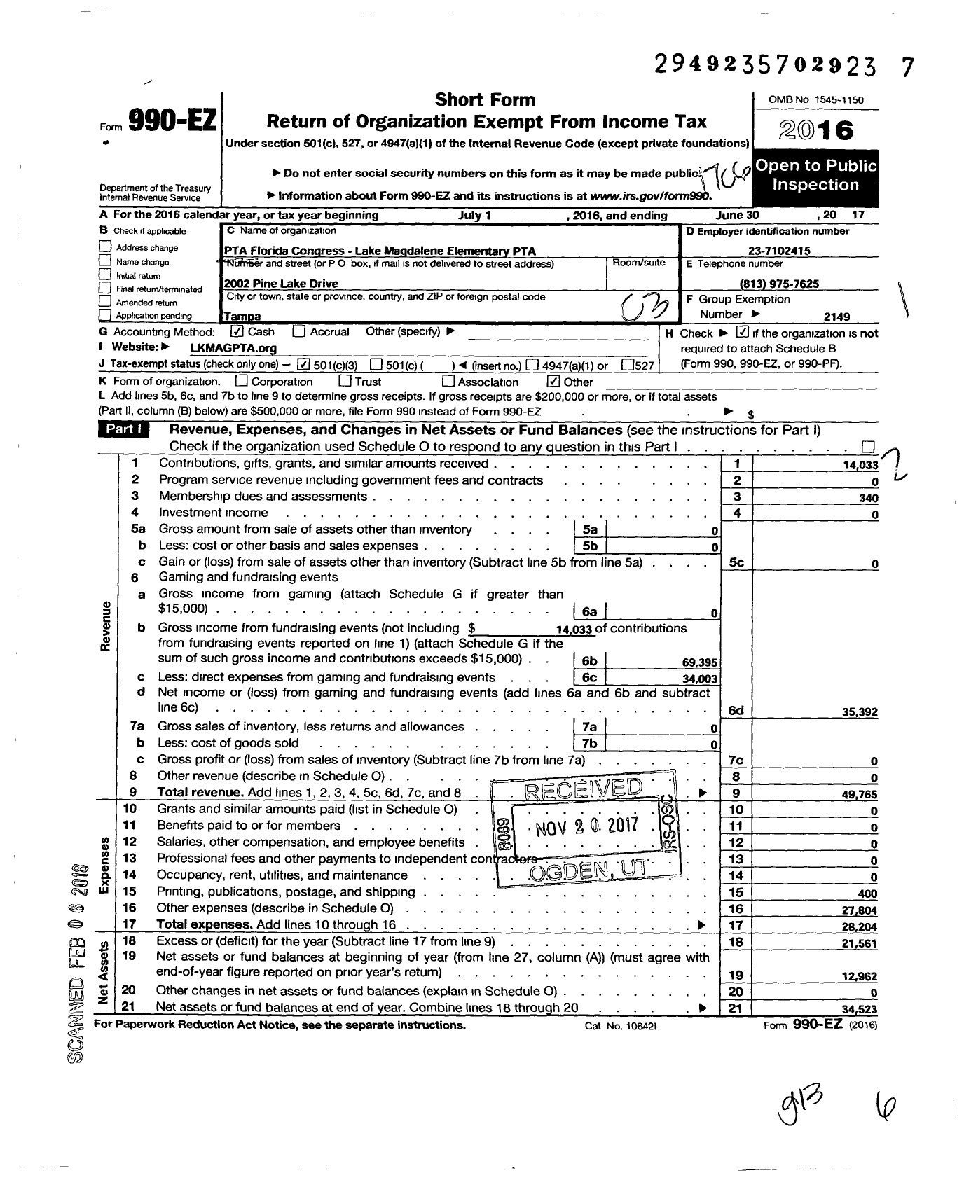 Image of first page of 2016 Form 990EZ for PTA FLORIDA CONGRESS - Lake Magdalene Elementary PTA