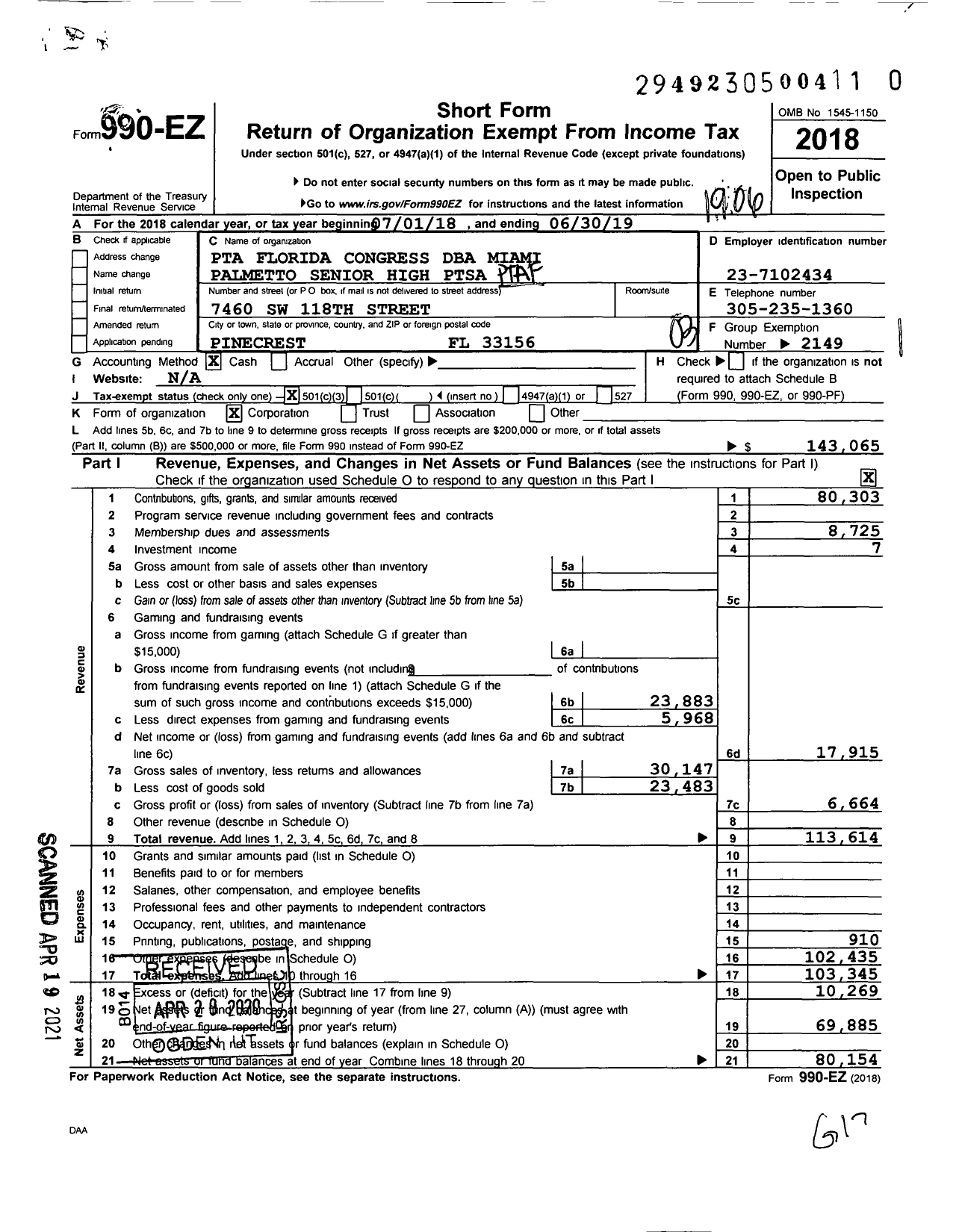 Image of first page of 2018 Form 990EZ for PTA Florida Congress - Miami Palmetto SR High School Ptsa