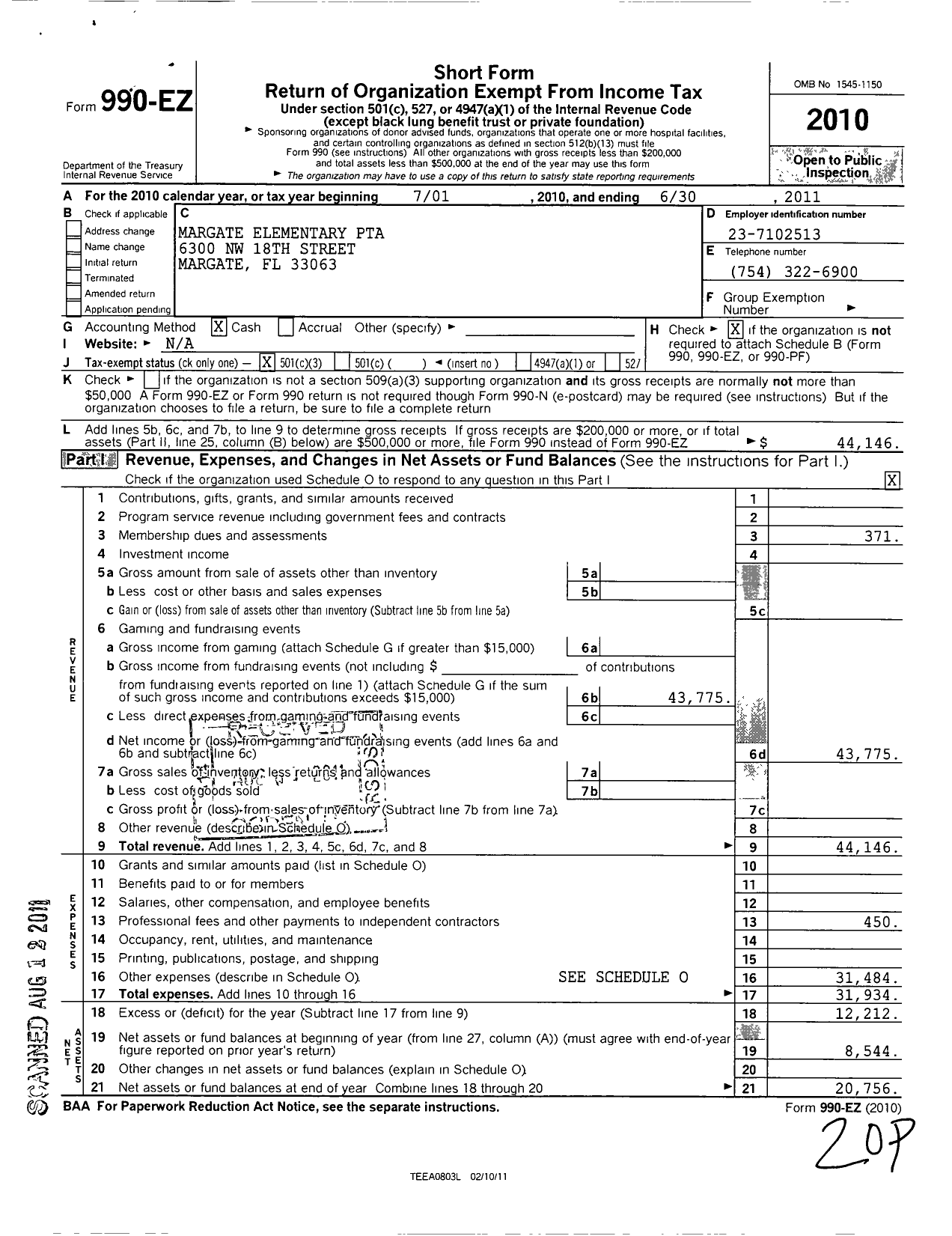 Image of first page of 2010 Form 990EZ for PTA Florida Congress