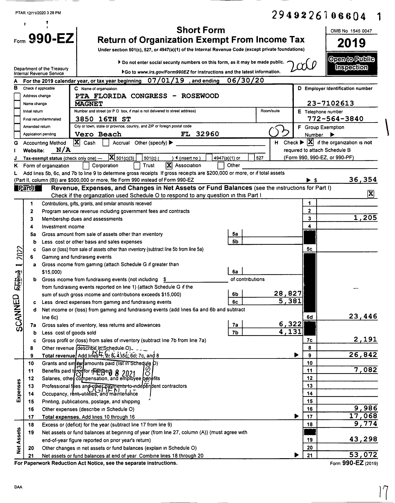 Image of first page of 2019 Form 990EZ for PTA Florida Congress - Rosewood Magnet PTA