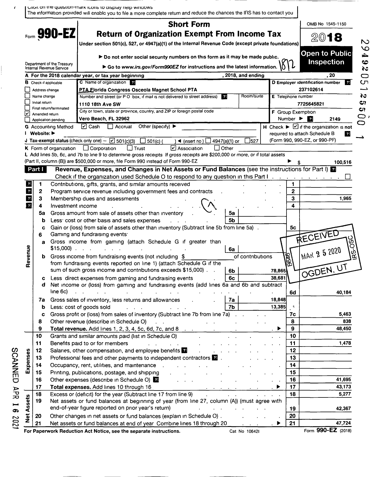 Image of first page of 2018 Form 990EZ for PTA Florida Congress - Osceola Magnet School PTA