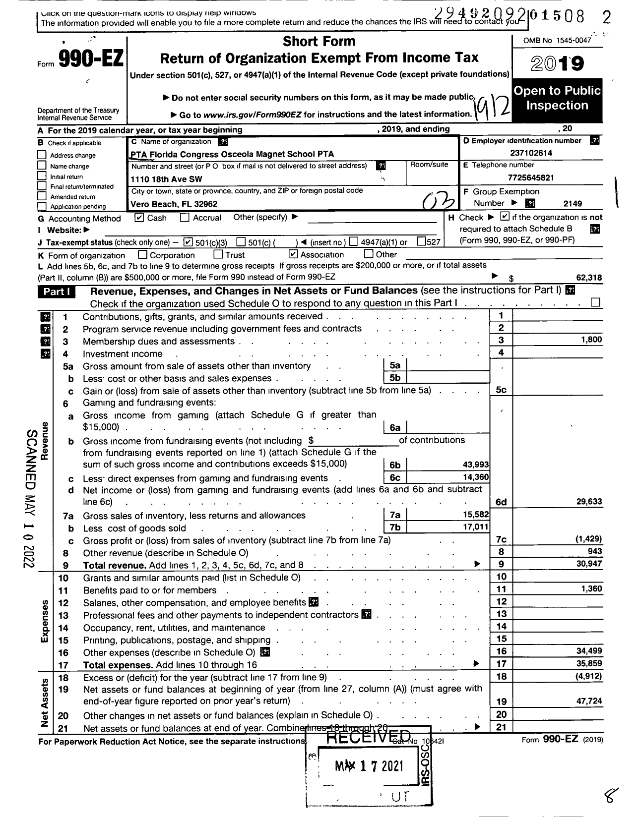 Image of first page of 2019 Form 990EZ for PTA Florida Congress - Osceola Magnet School PTA