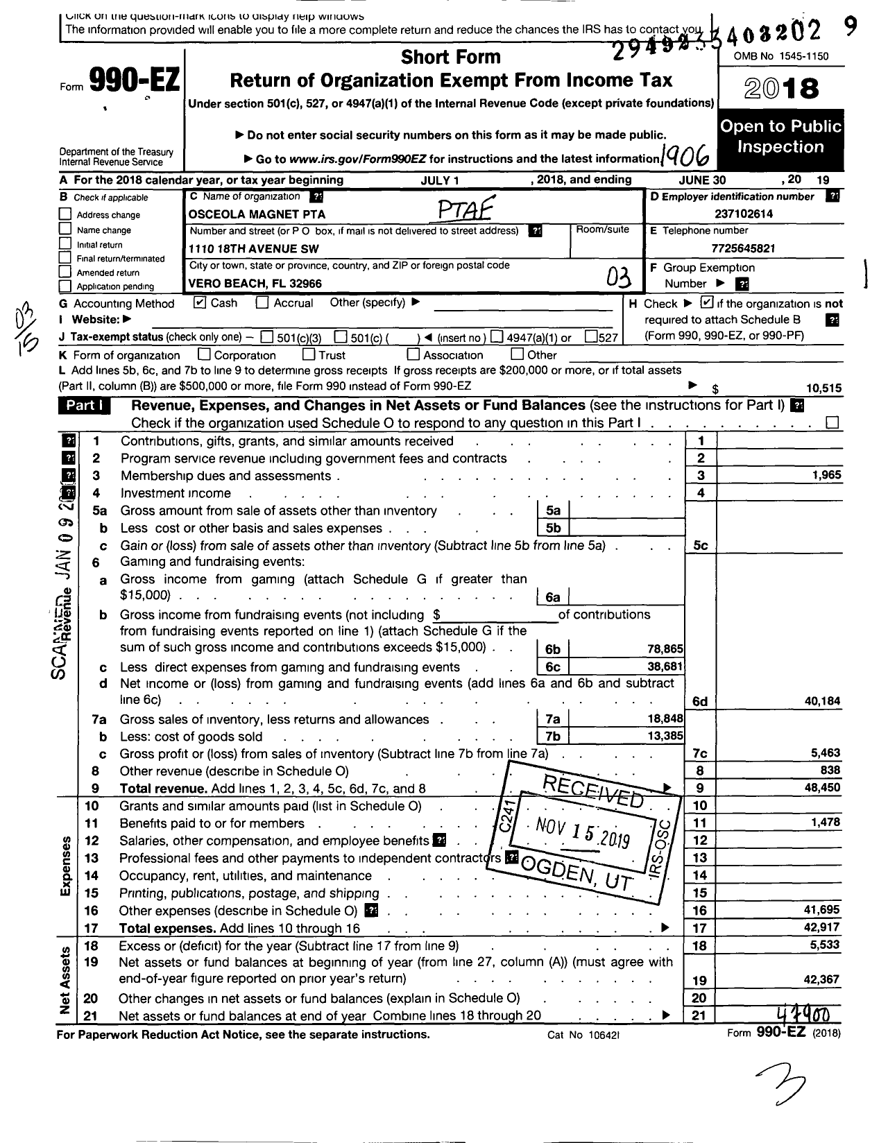 Image of first page of 2018 Form 990EZ for PTA Florida Congress - Osceola Magnet School PTA