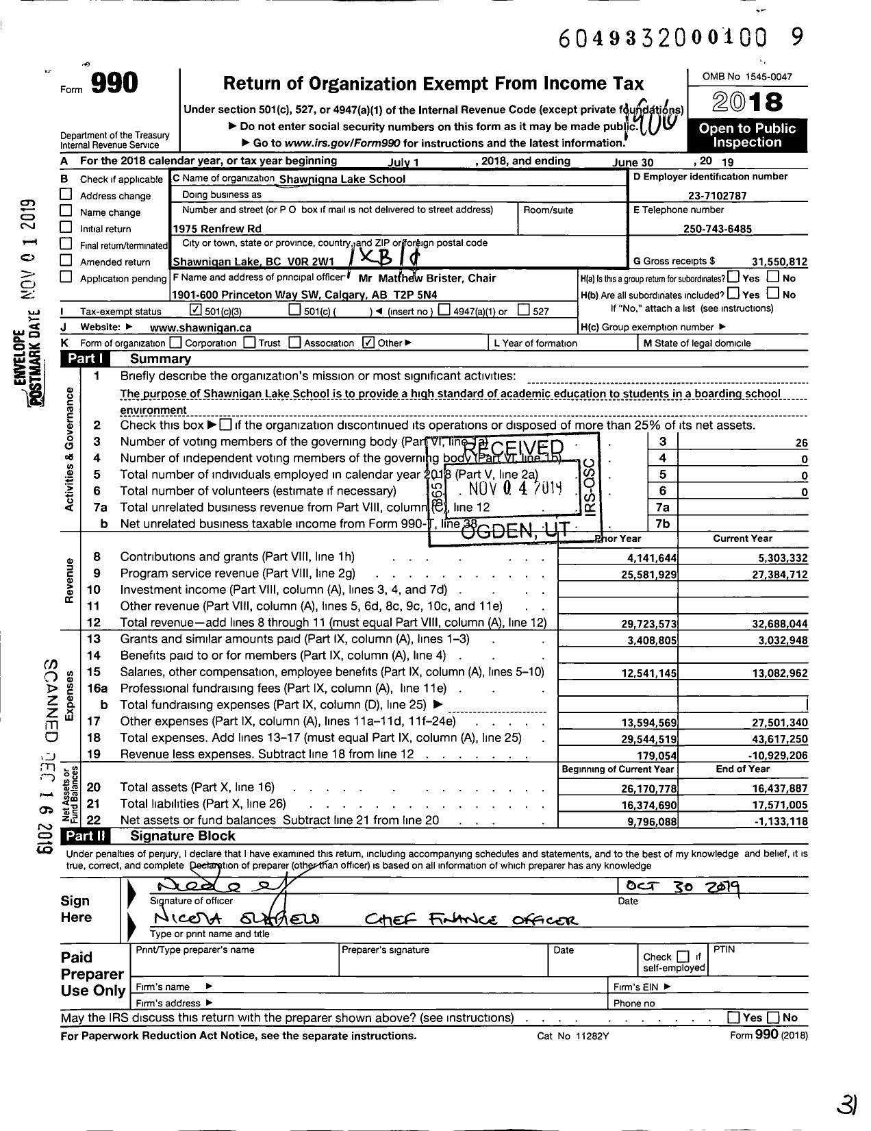 Image of first page of 2018 Form 990 for Shawnigan Lake School