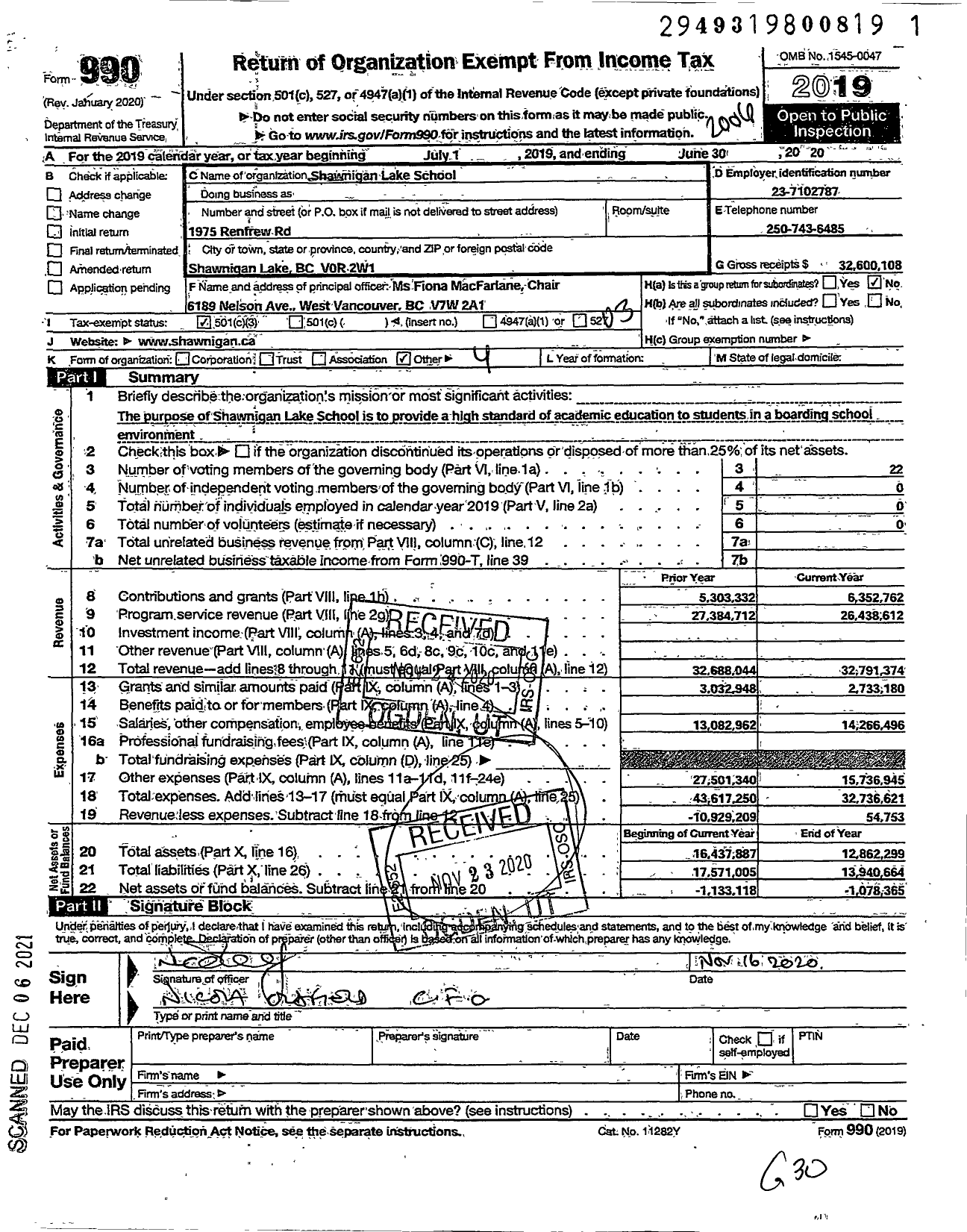 Image of first page of 2019 Form 990 for Shawnigan Lake School