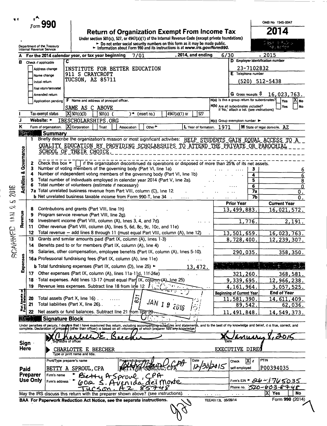 Image of first page of 2014 Form 990 for Institute for Better Education (IBE)