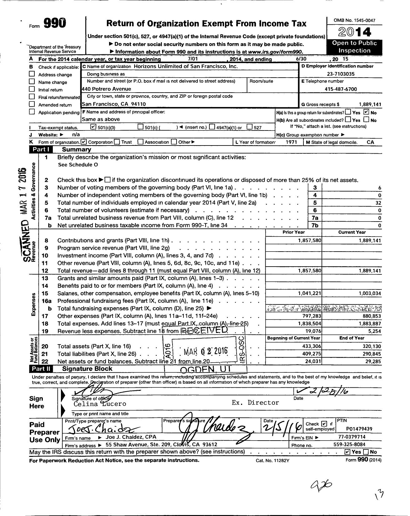 Image of first page of 2014 Form 990 for Horizons Unlimited of San Francisco