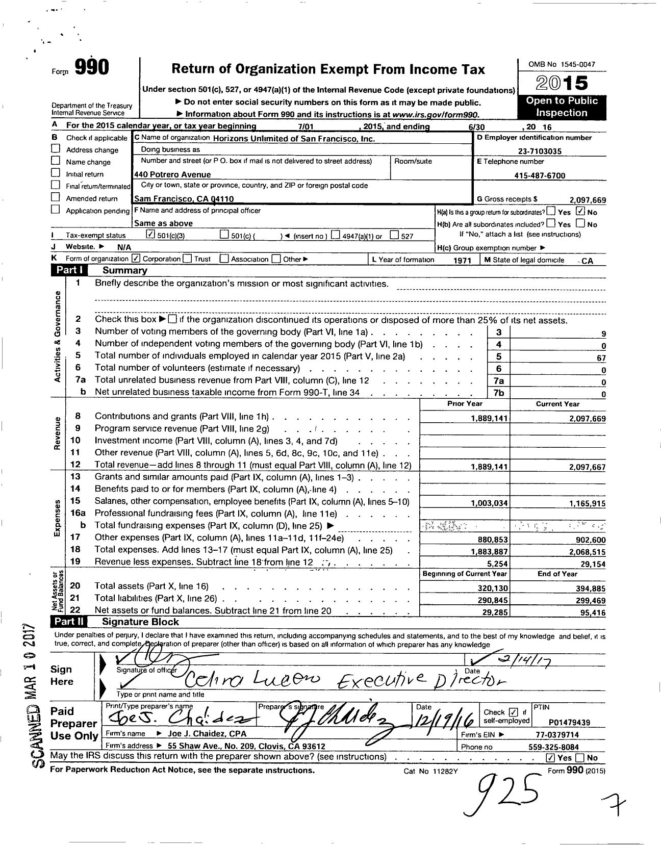 Image of first page of 2015 Form 990 for Horizons Unlimited of San Francisco