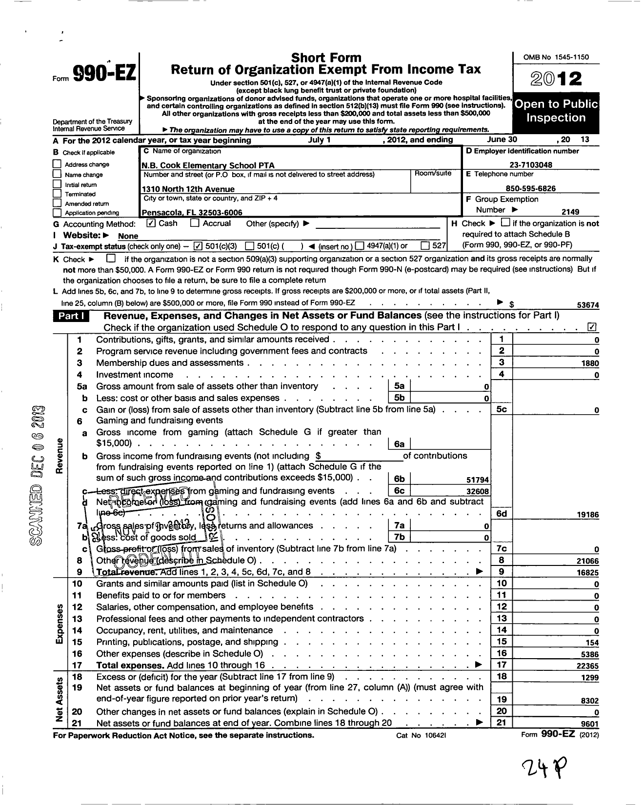 Image of first page of 2012 Form 990EZ for PTA Florida Congress - NB Cook Elementary PTA