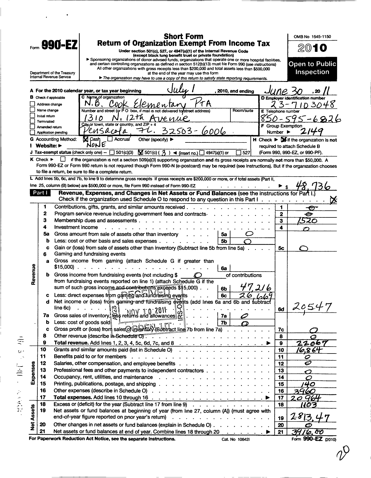 Image of first page of 2010 Form 990EZ for PTA Florida Congress - NB Cook Elementary PTA