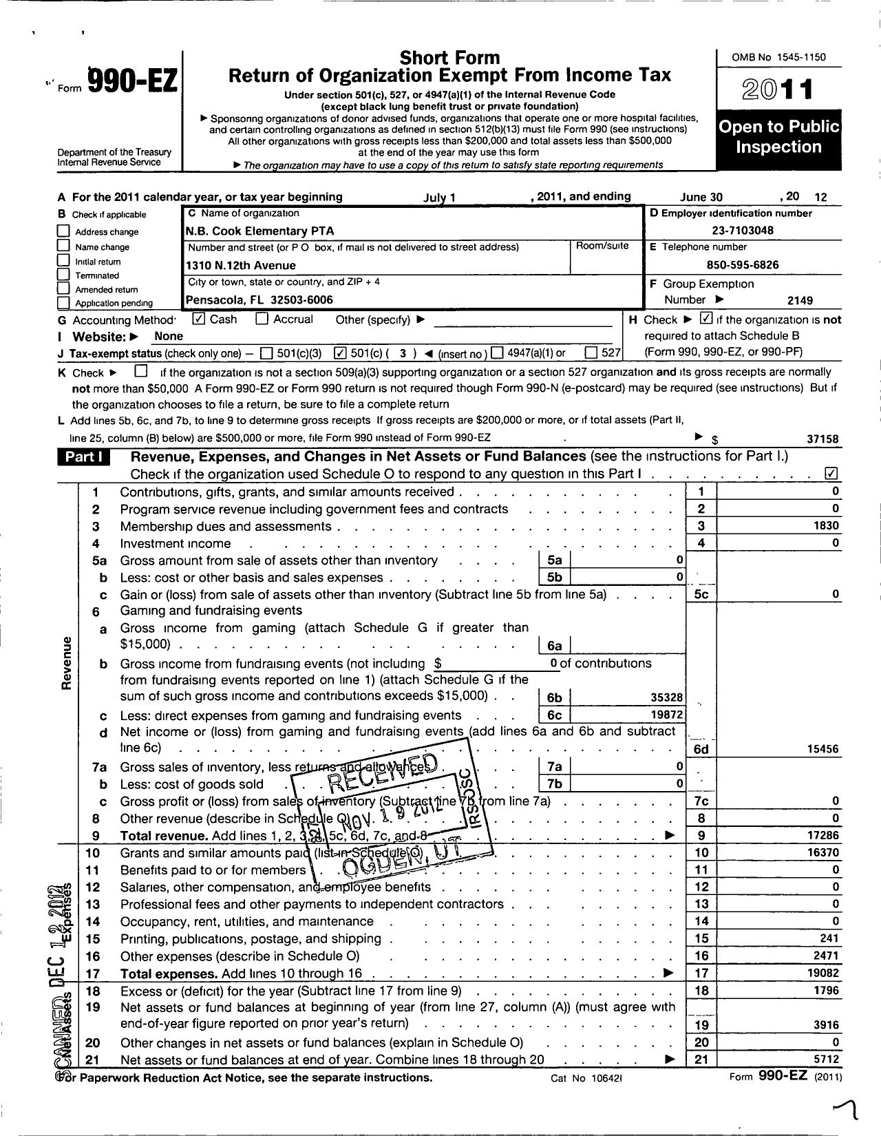 Image of first page of 2011 Form 990EZ for PTA Florida Congress - NB Cook Elementary PTA