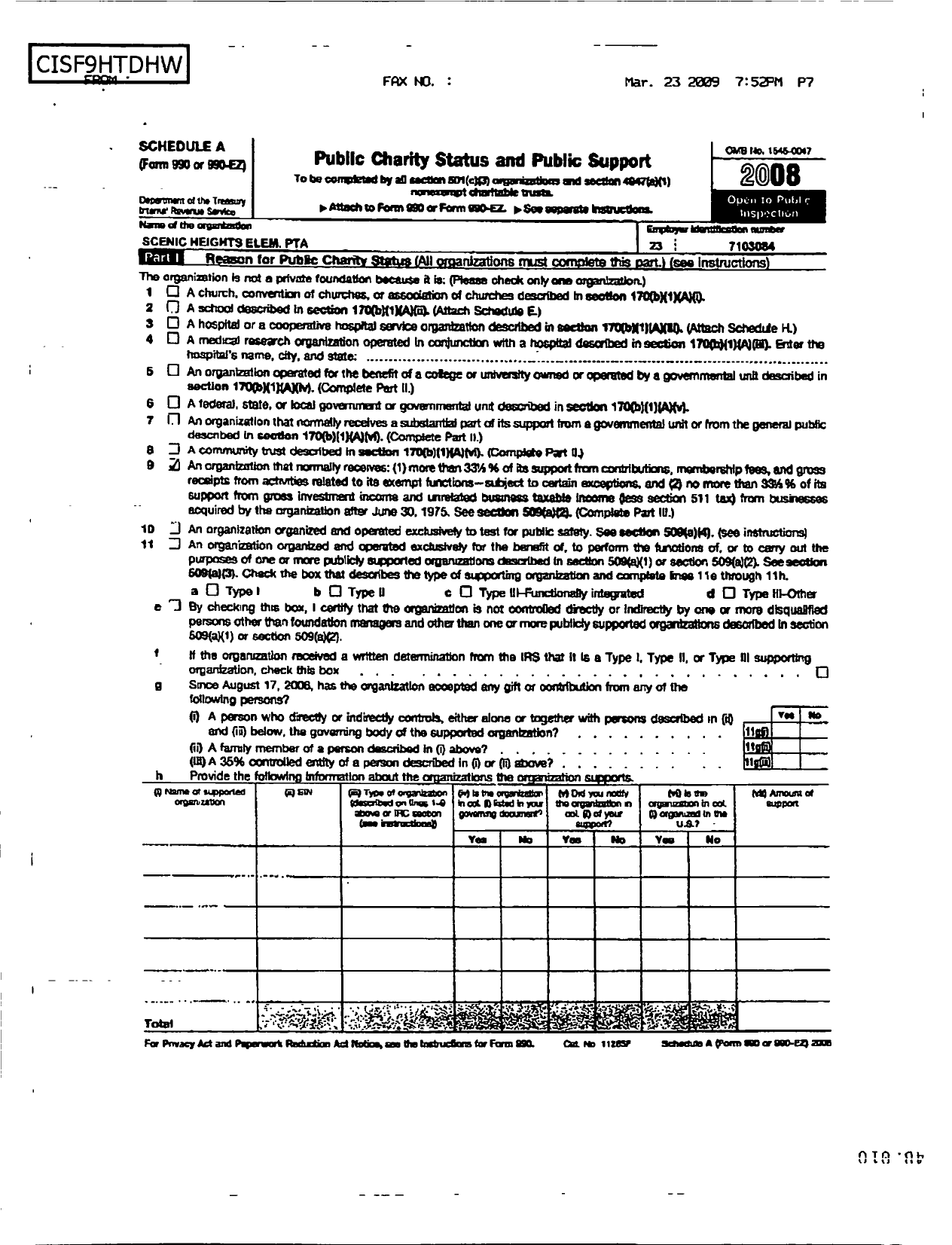 Image of first page of 2008 Form 990ER for PTA Florida Congress - Scenic Heights Elementary PTA