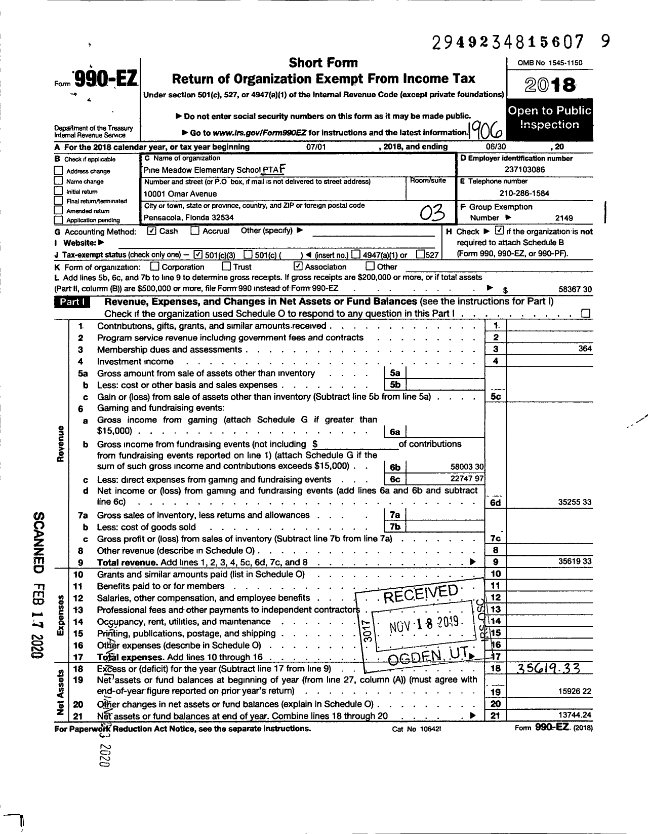 Image of first page of 2018 Form 990EZ for PTA Florida Congress - Pine Meadow Elementary School PTA