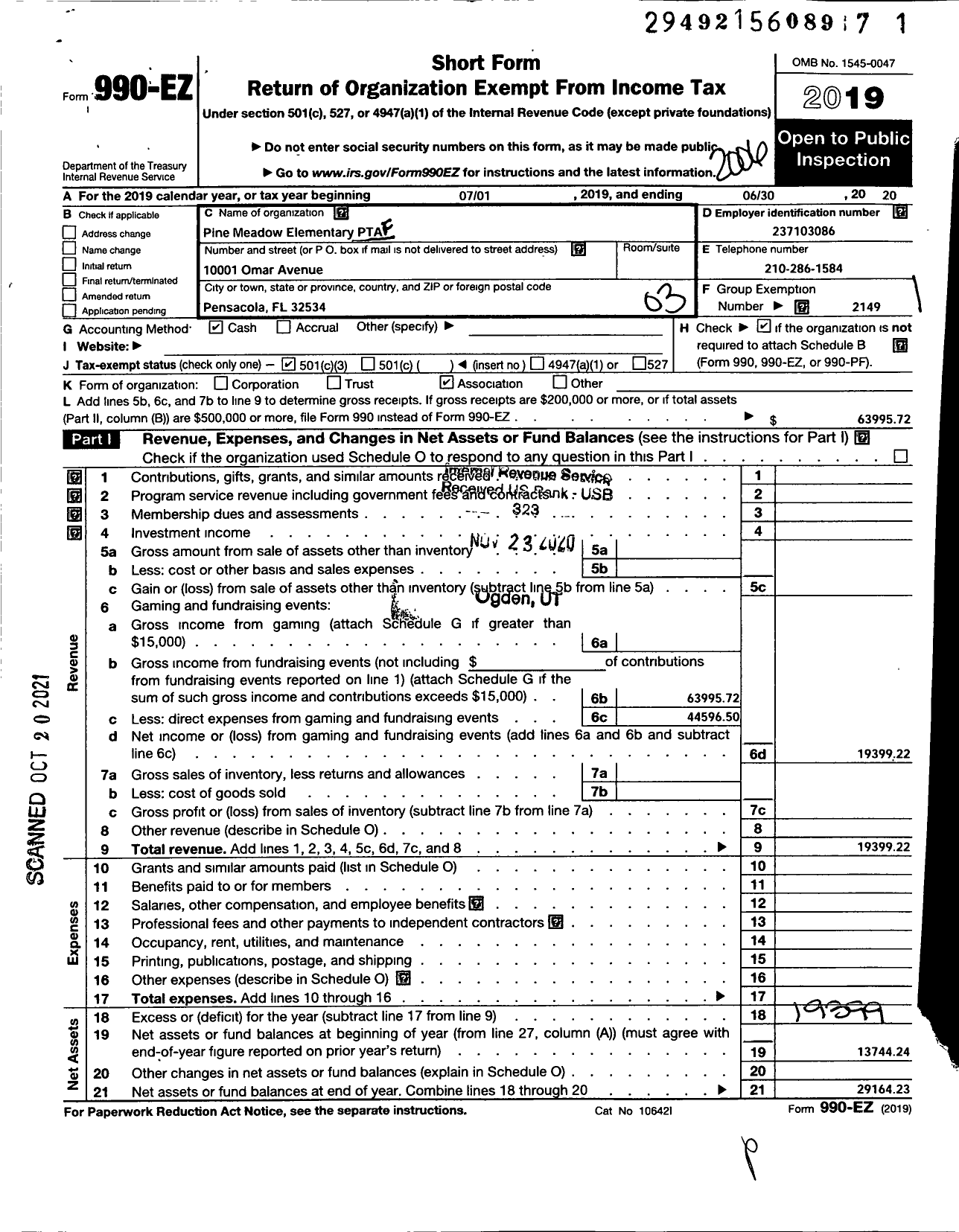 Image of first page of 2019 Form 990EZ for PTA Florida Congress - Pine Meadow Elementary School PTA