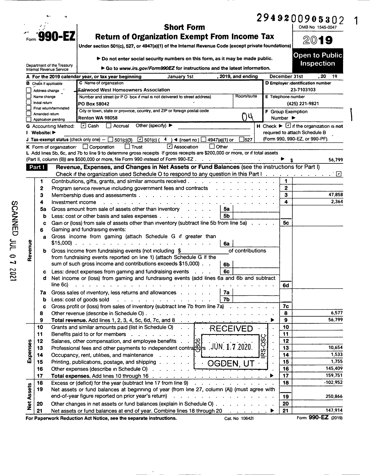 Image of first page of 2019 Form 990EO for Fairwood West Homeowners Association