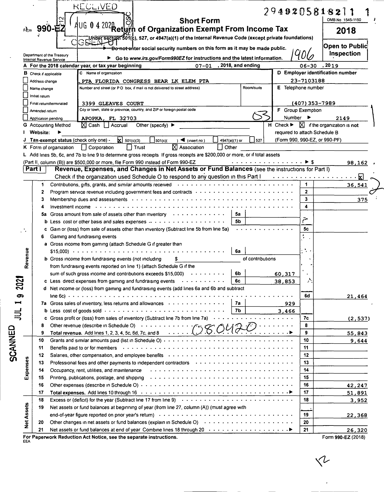 Image of first page of 2018 Form 990EZ for PTA Florida Congress - Bear Lake Elementary School PTA