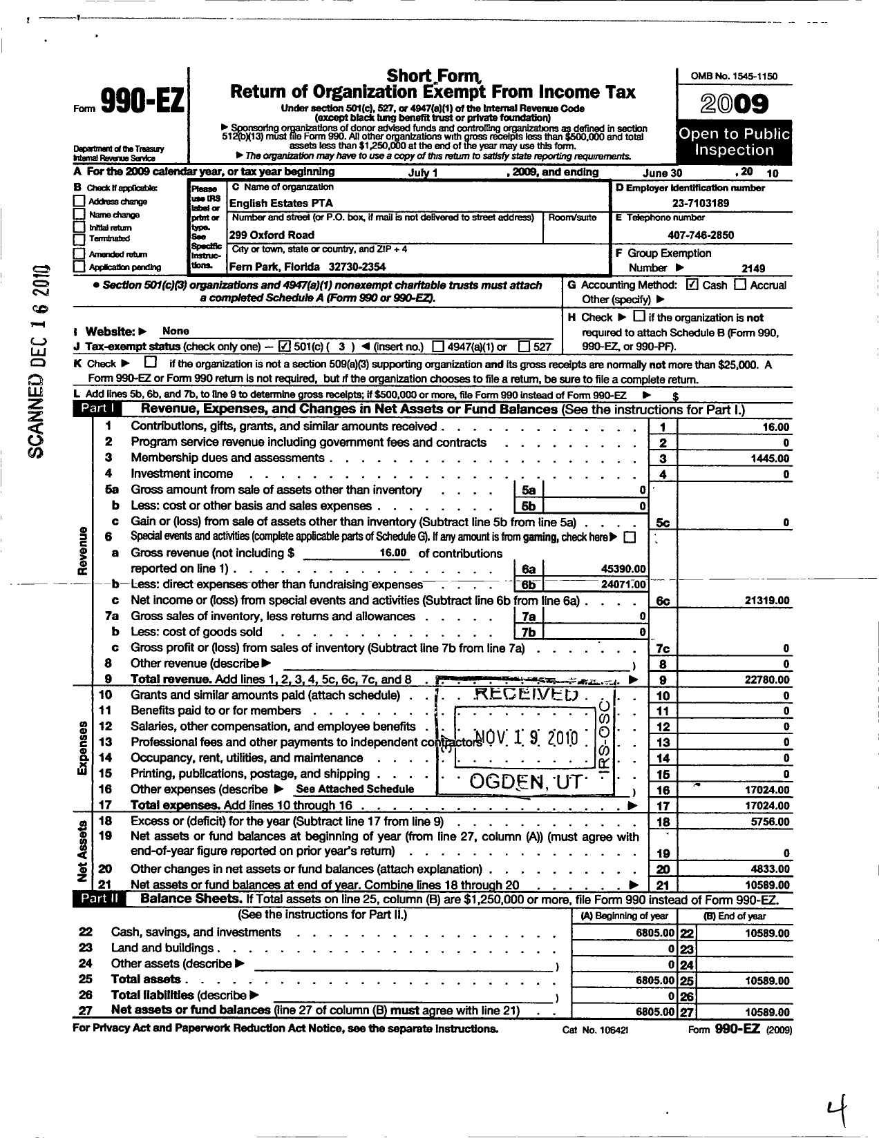 Image of first page of 2009 Form 990EZ for PTA Florida Congress - English Estates Elementary PTA