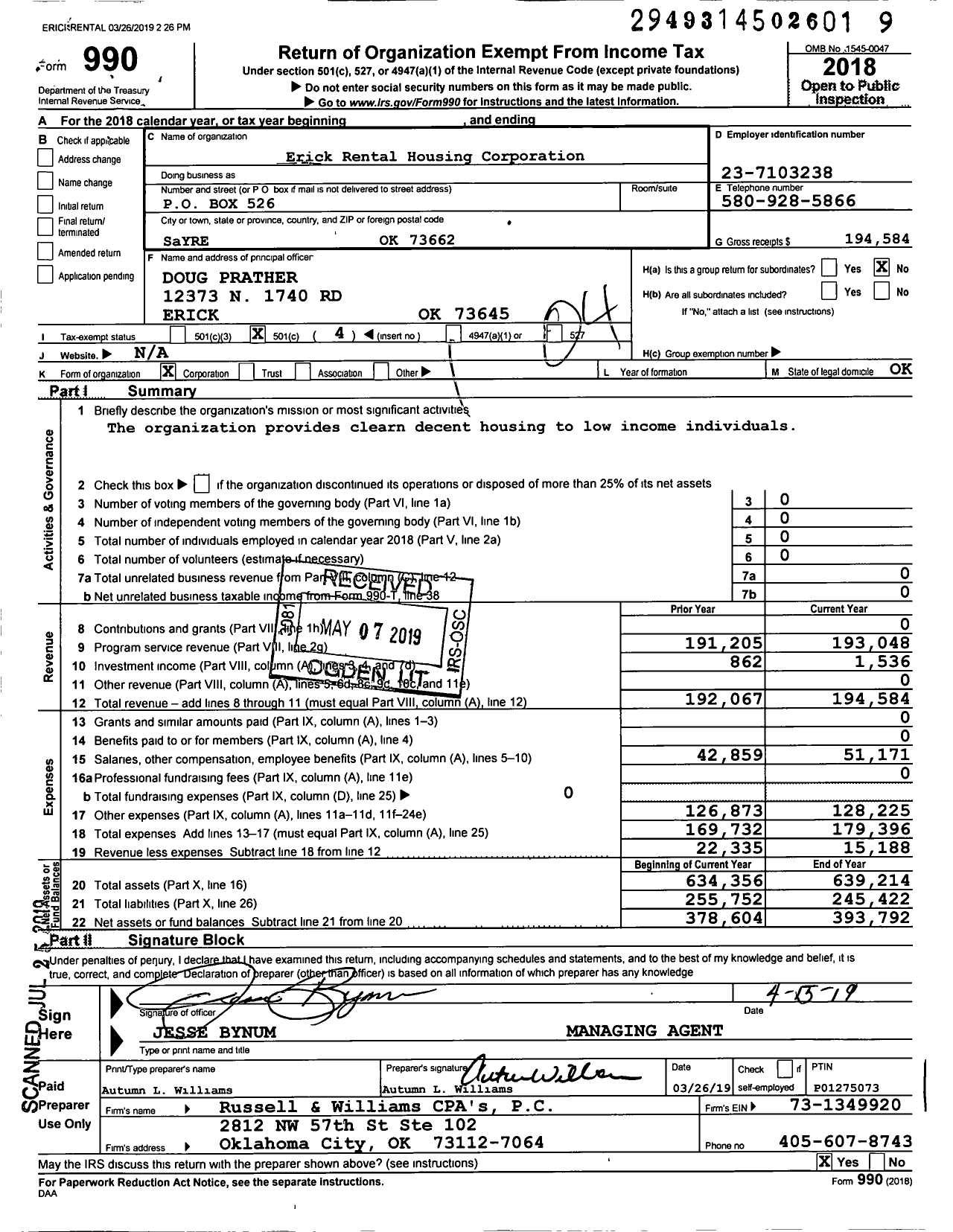 Image of first page of 2018 Form 990O for Erick Rental Housing Corporation