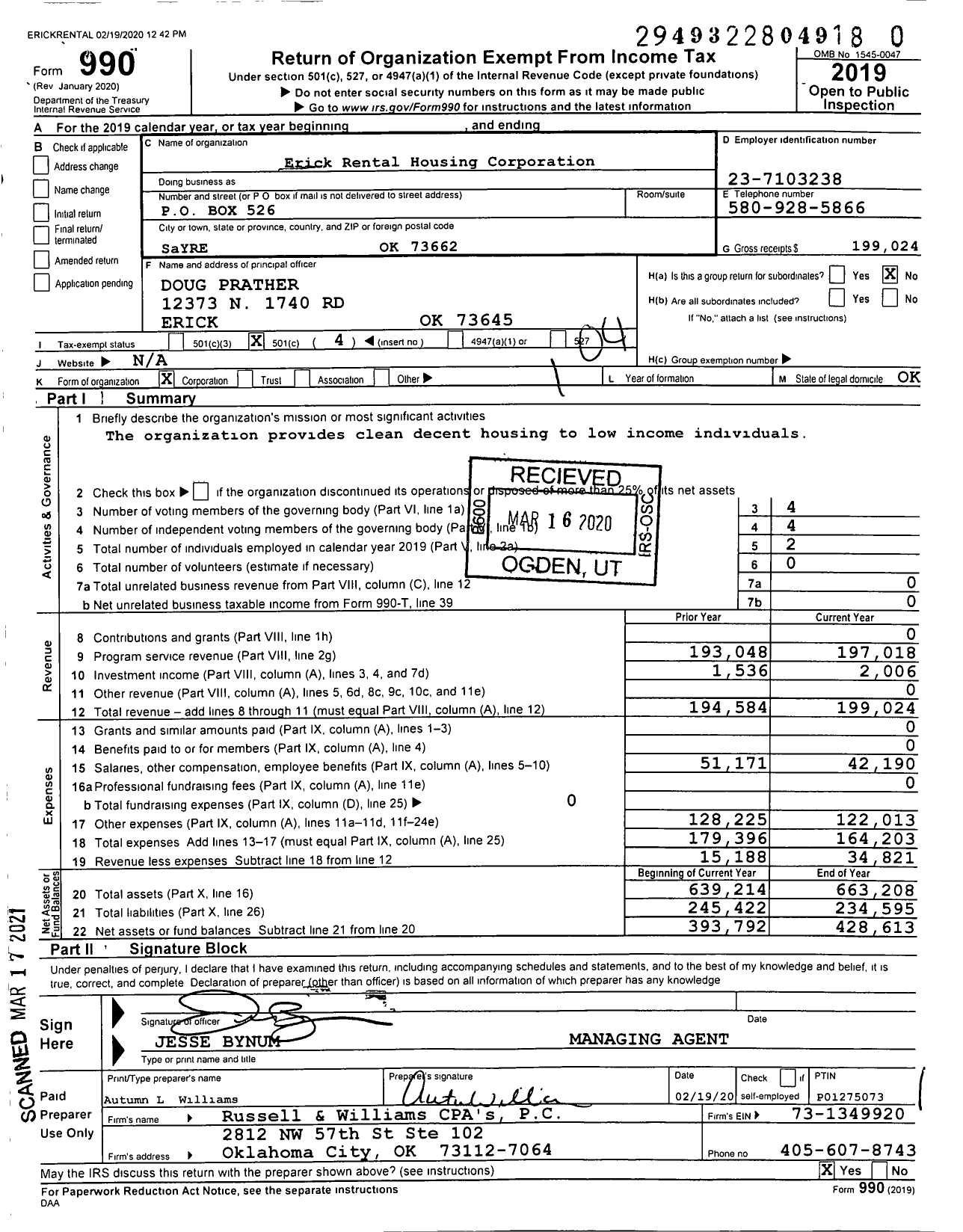 Image of first page of 2019 Form 990O for Erick Rental Housing Corporation