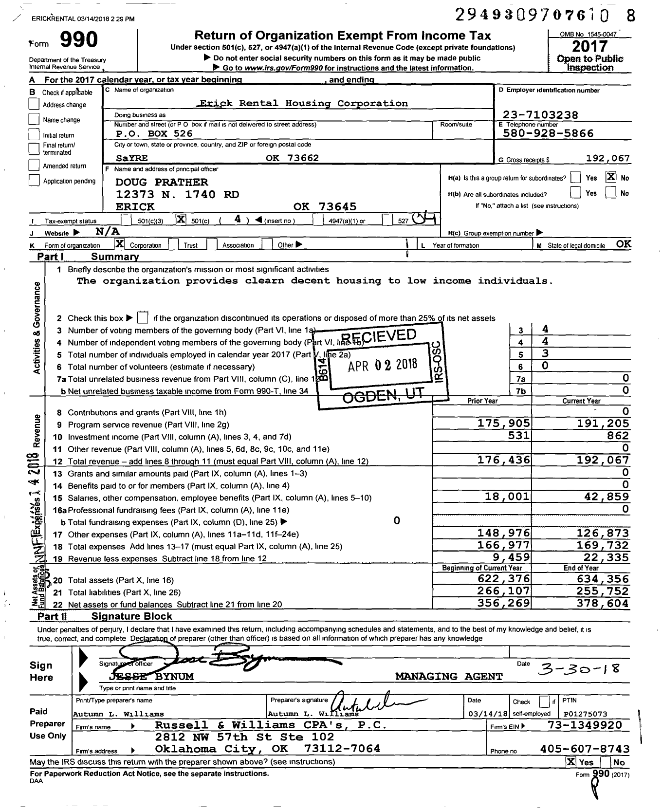 Image of first page of 2017 Form 990O for Erick Rental Housing Corporation